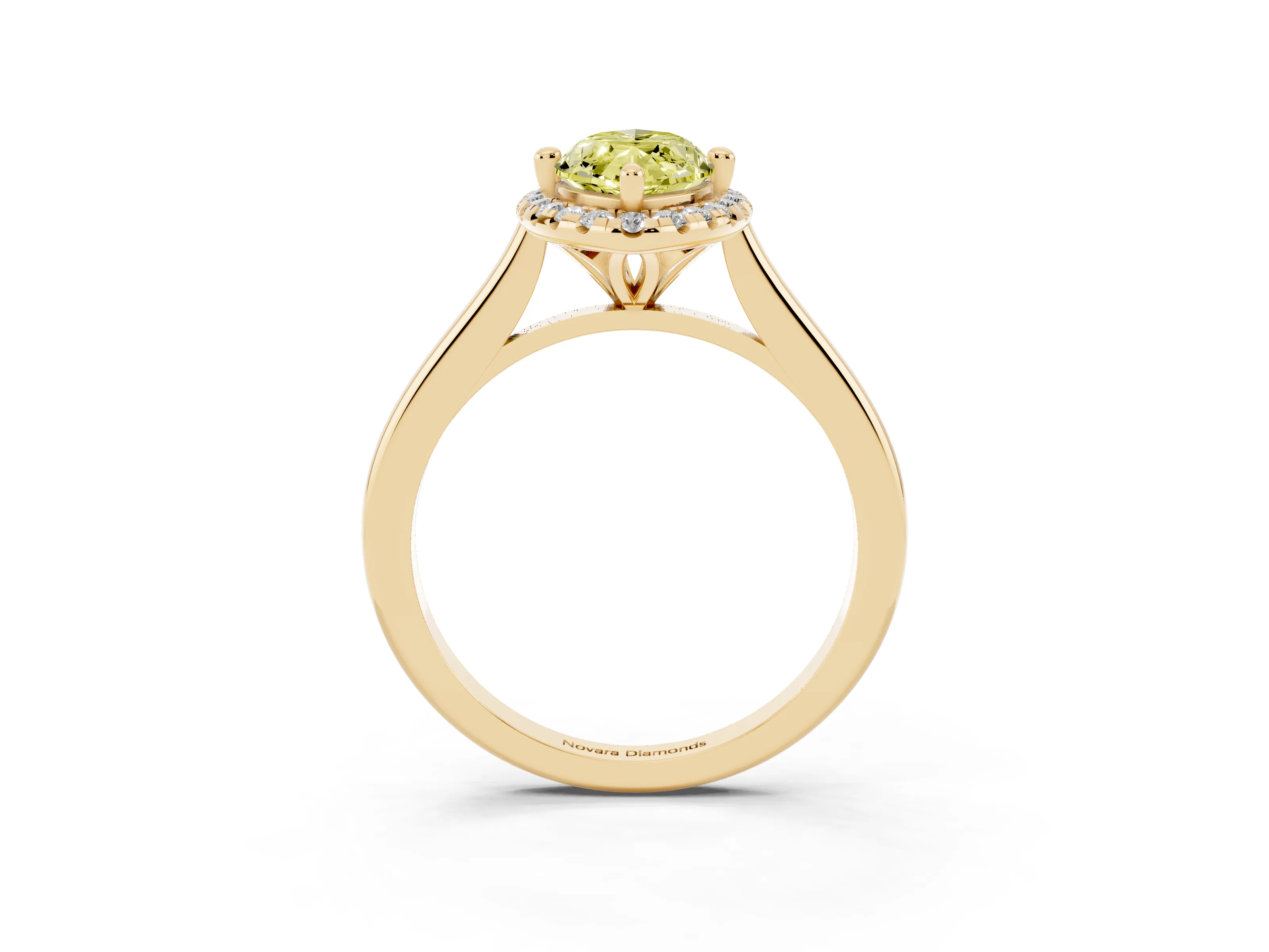 Fancy Yellow Marquise Cut Diamond Halo Engagement Ring Set in Yellow gold with Pavé Band and Rising Shoulders