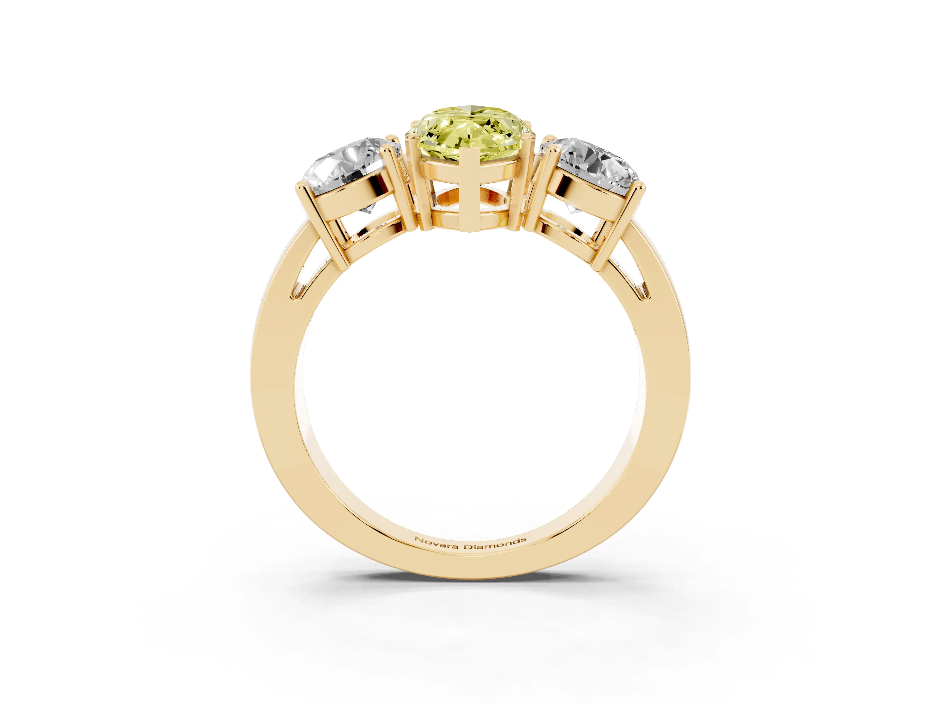 Fancy Yellow Marquise Cut Diamond Three-Stone Ring Set in Yellow gold with Round Side Stones and Classic Band