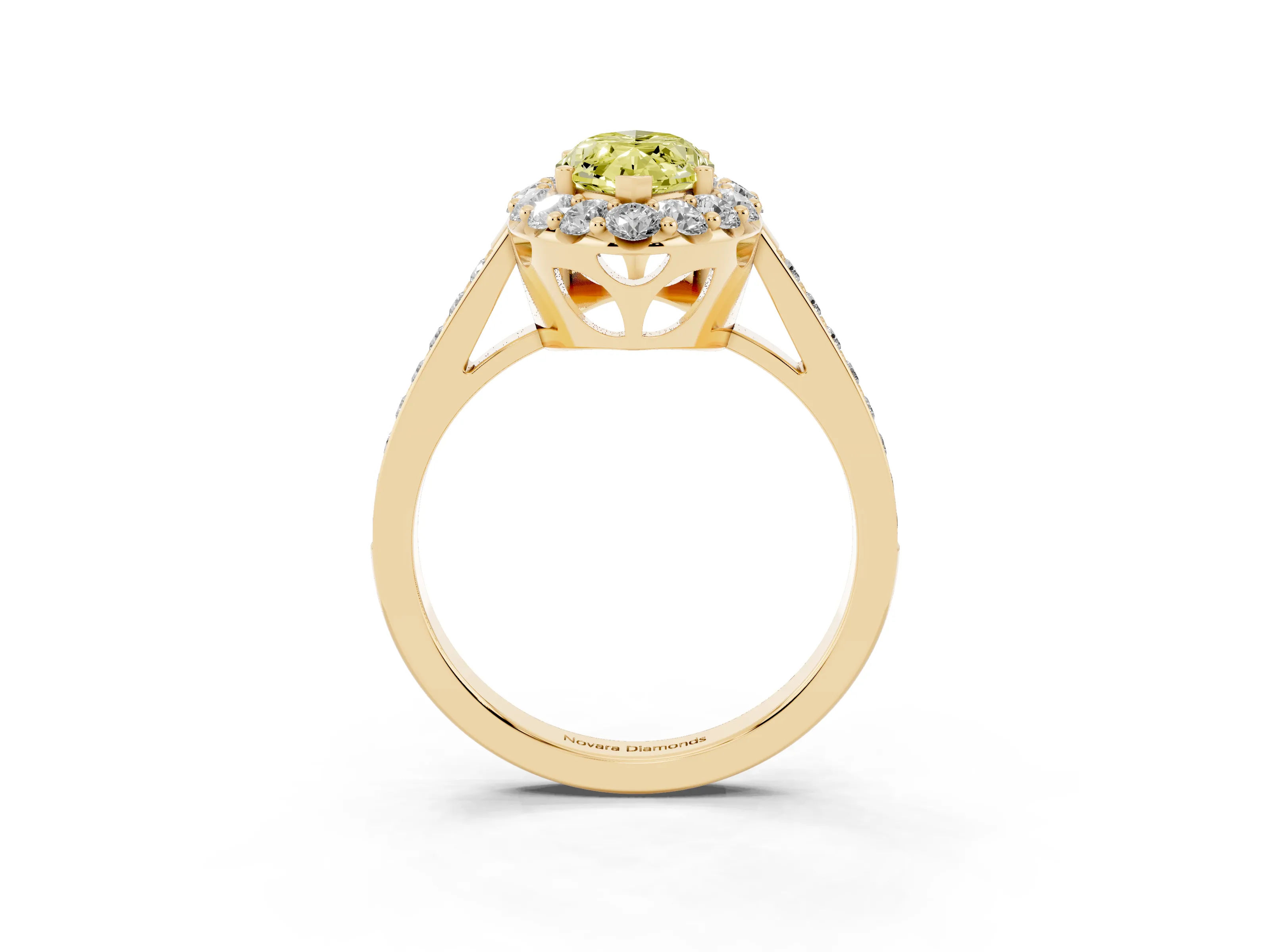 Fancy Yellow Marquise Cut Diamond Floral Halo Ring Set in Yellow gold with Pavé Band and Prong Setting