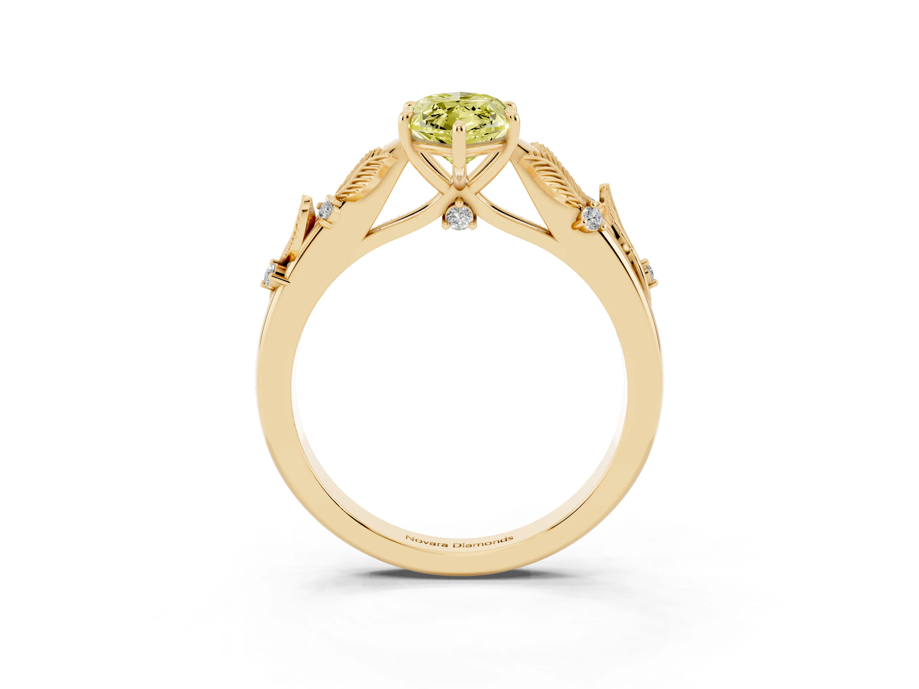 Fancy Yellow Marquise Cut Diamond Solitaire Ring Set in Yellow gold with Leaf Motif Band