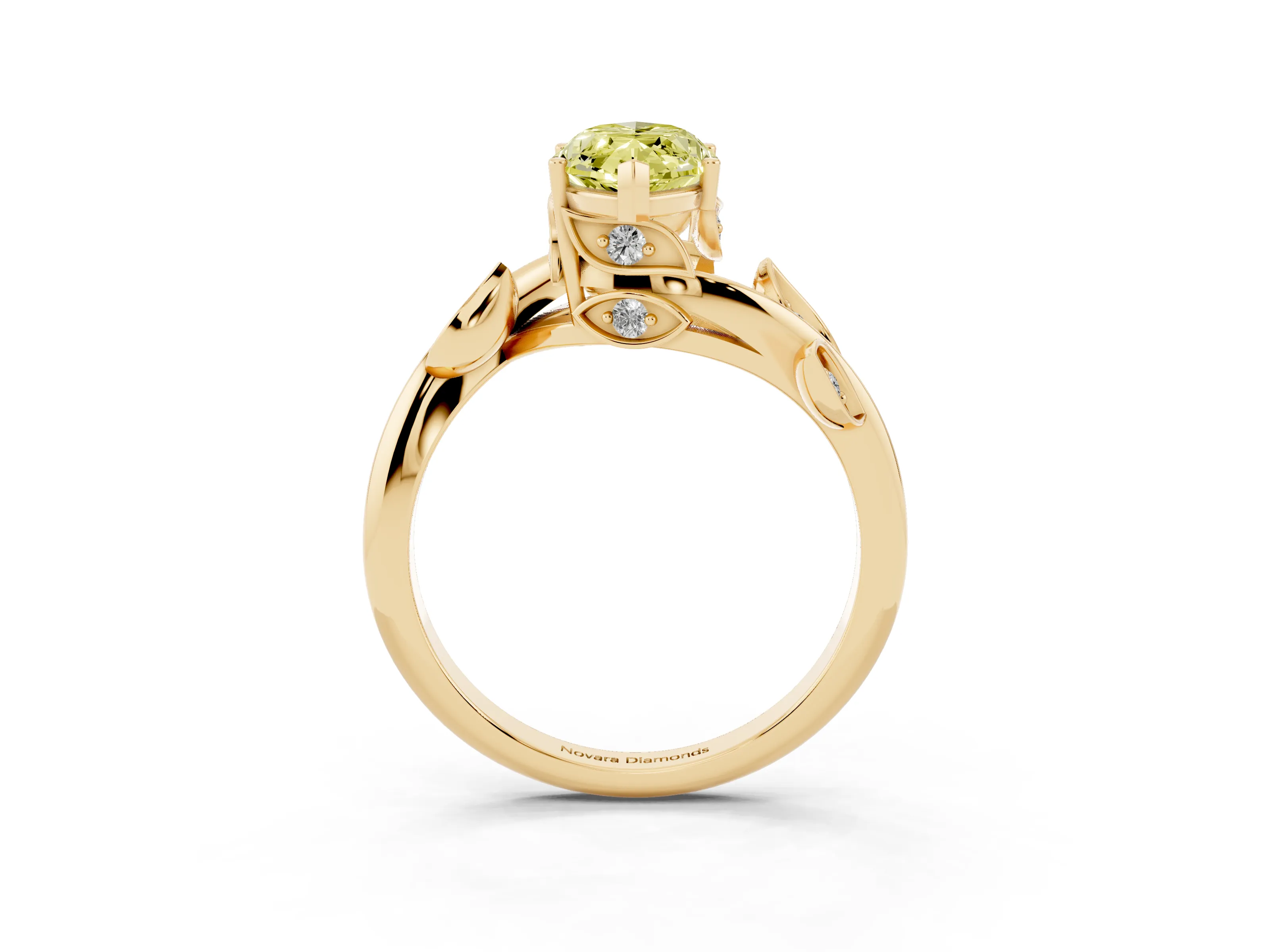Fancy Yellow Marquise Cut Diamond Solitaire Twist Engagement Ring Set in Yellow gold with Pavé Leaf Accents