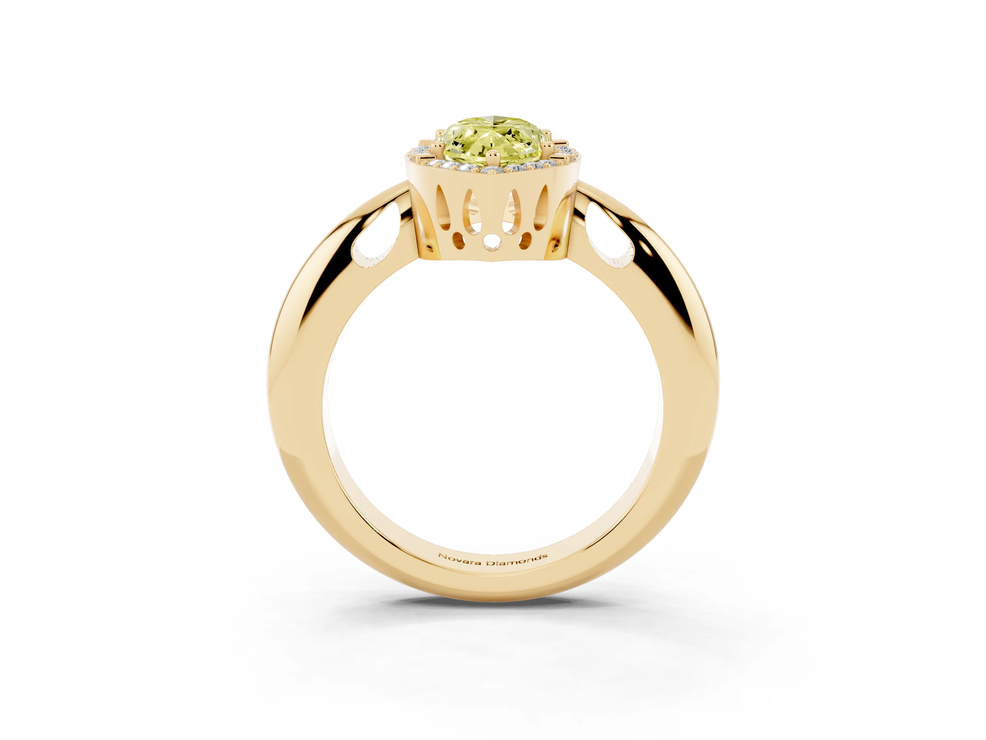 Fancy Yellow Marquise Cut Diamond Halo Engagement Ring Set in Yellow gold with Plain Split Shank and Prong Setting