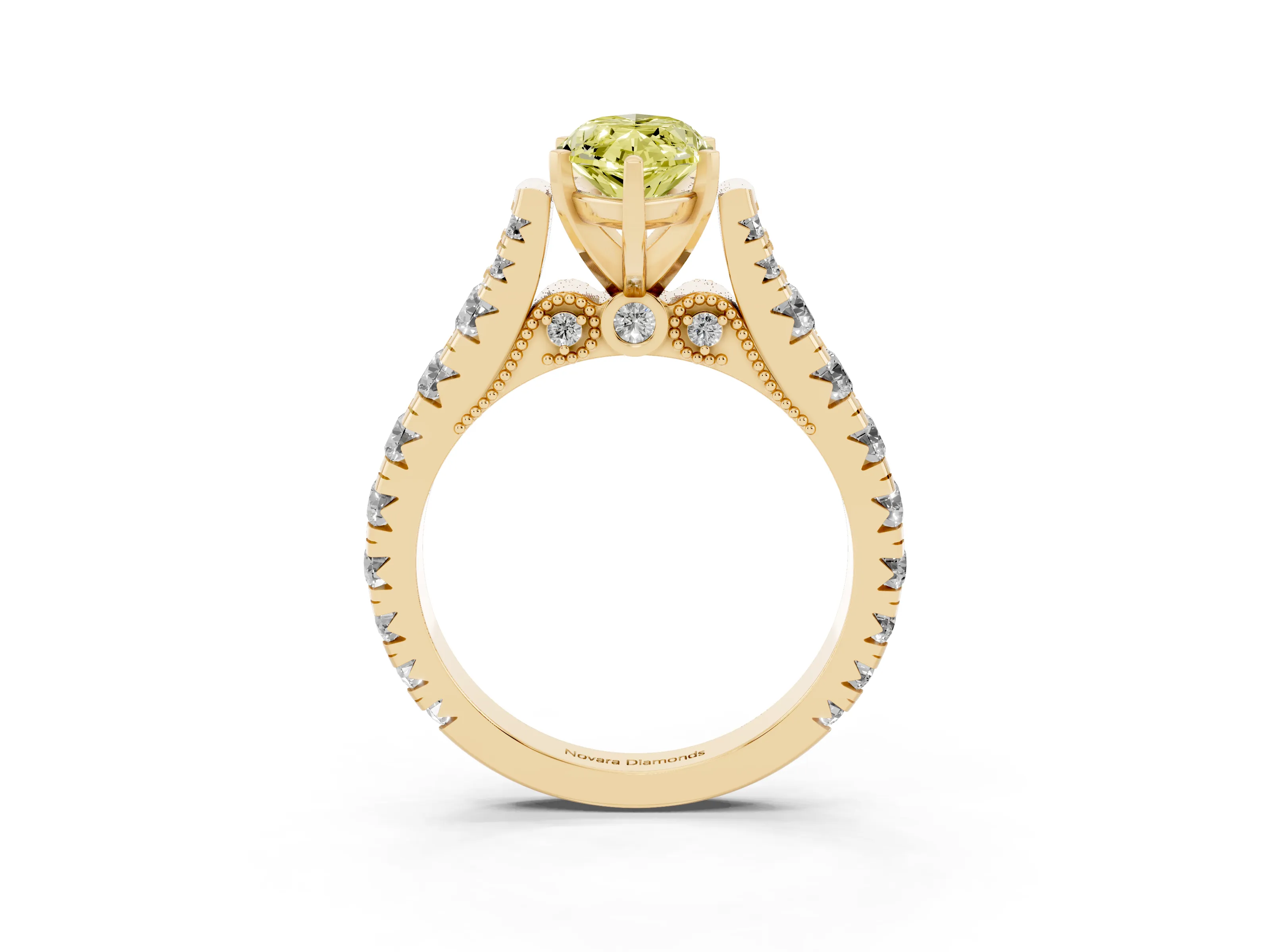 Fancy Yellow Marquise Cut Diamond Classic Solitaire Ring Set in Yellow gold with Pavé Band and Prong Setting