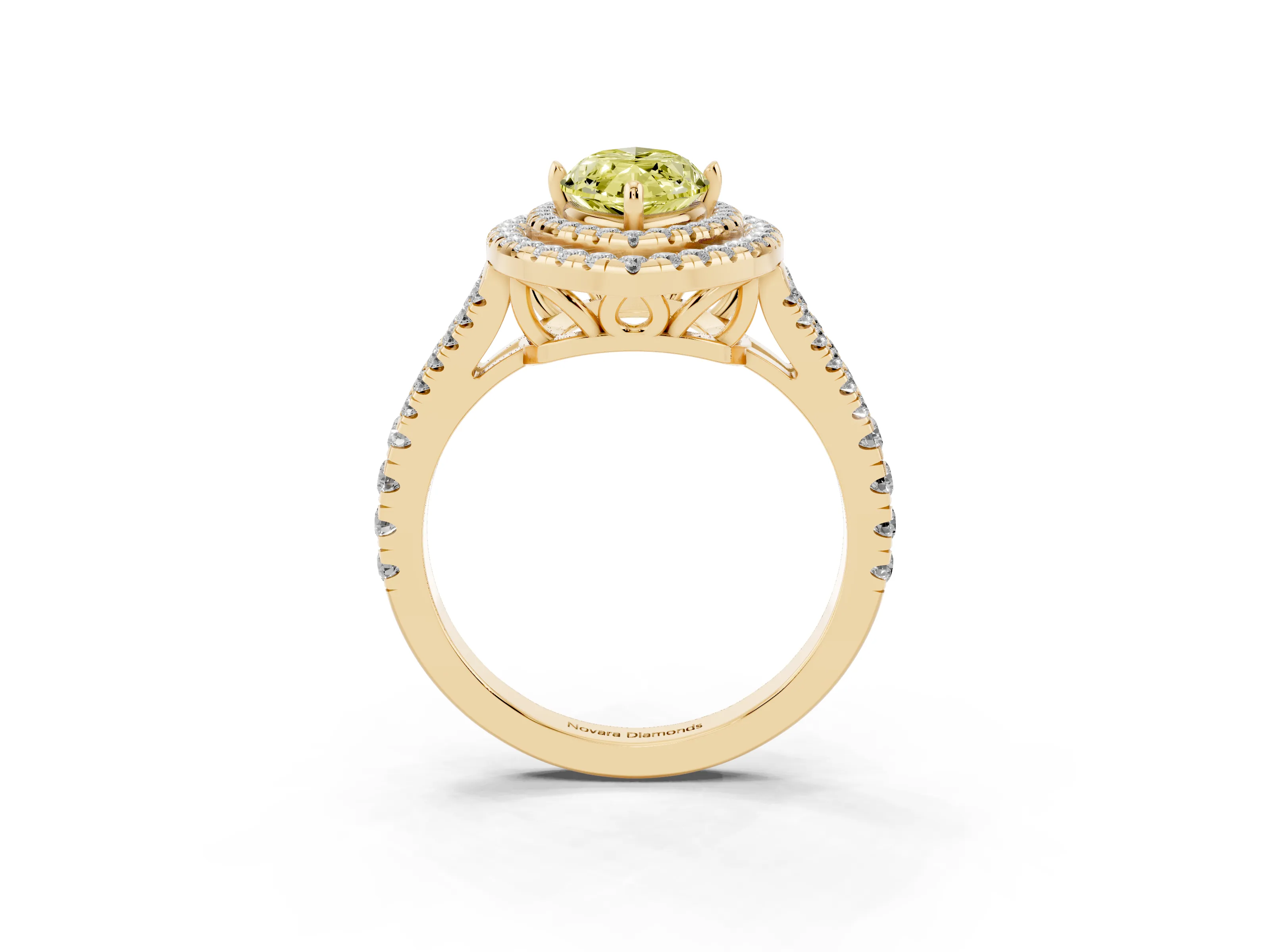 Fancy Yellow Marquise Cut Diamond Double Halo Ring Set in Yellow gold with Pavé Band