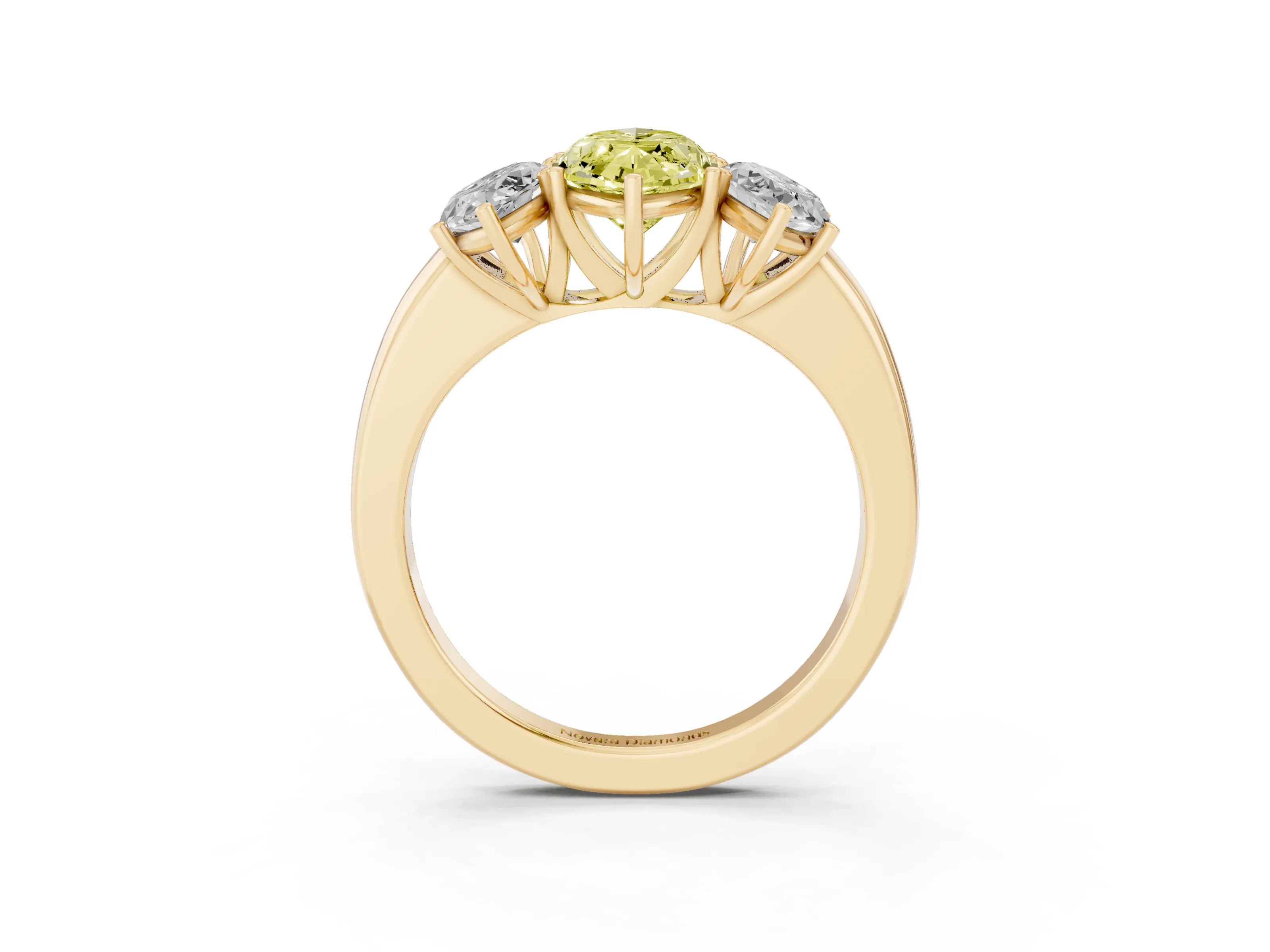 Fancy Yellow Marquise Cut Diamond Three-Stone Ring Set in Yellow gold with Bold Center and Classic Band