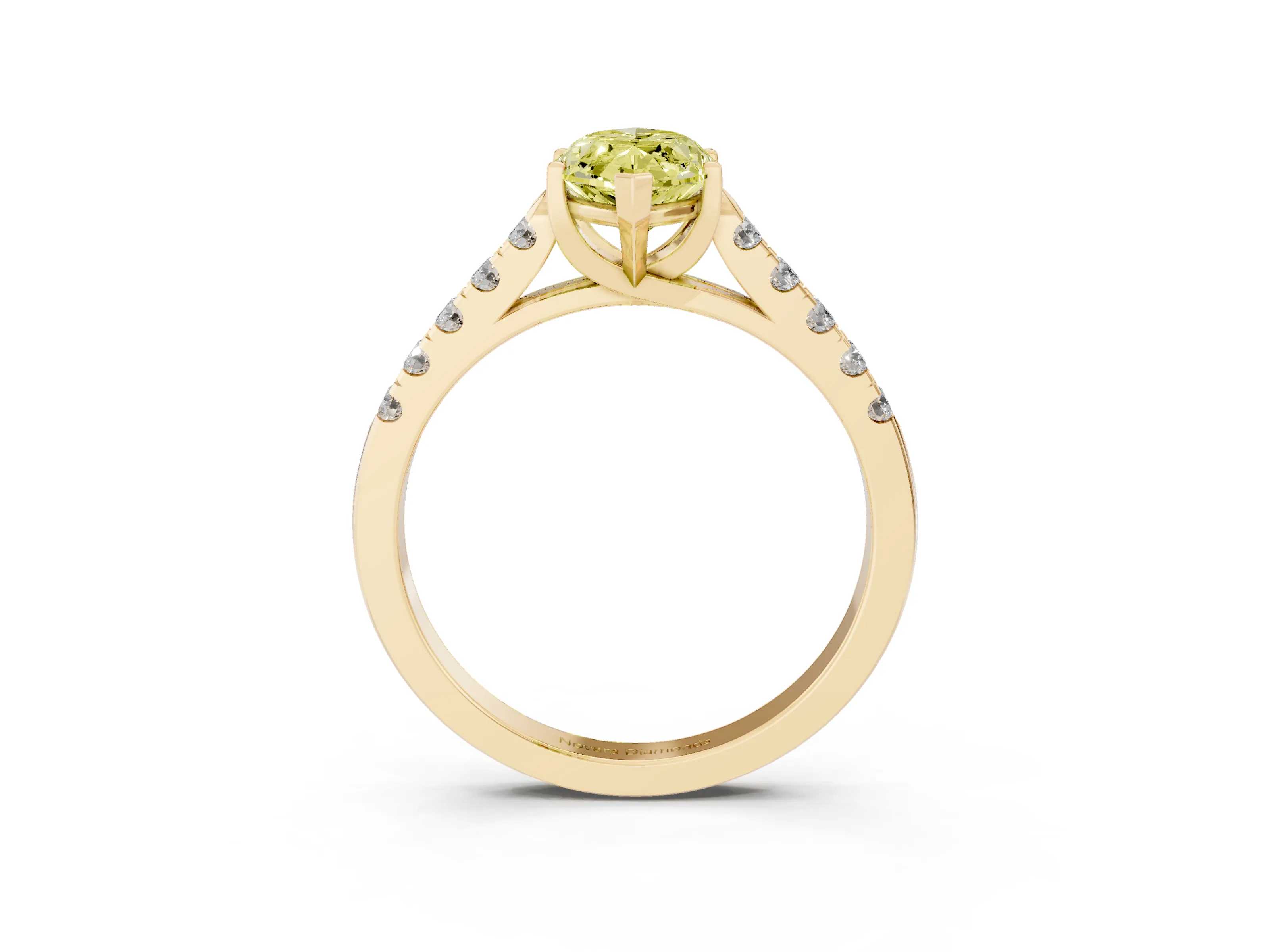 Fancy Yellow Marquise Cut Diamond Pavé Band Solitaire Ring Set in Yellow gold with Partway Accent Stones and Prong Setting