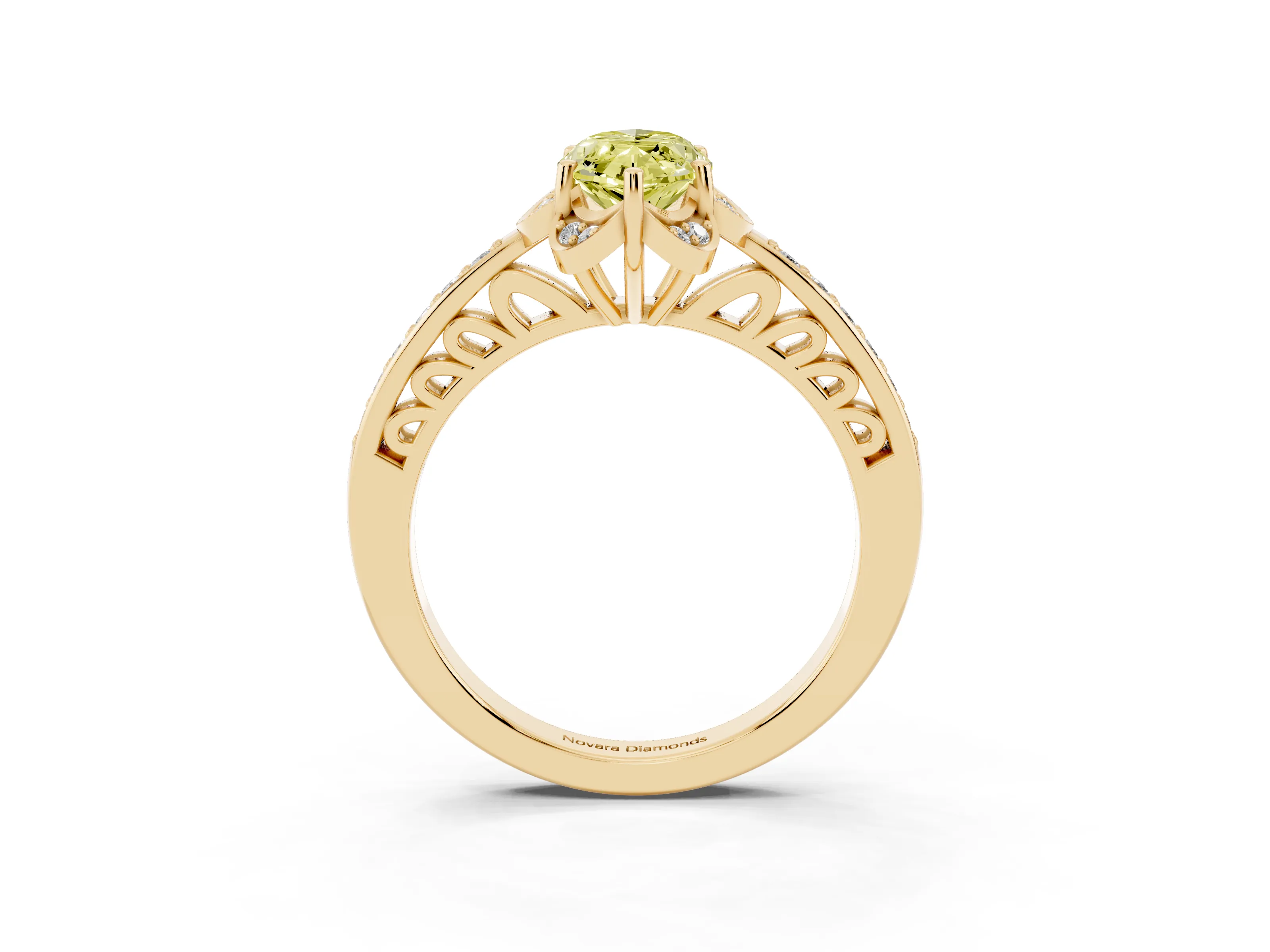 Fancy Yellow Marquise Cut Diamond Halo Ring Set in Yellow gold with Channel Set Band and Prong Setting