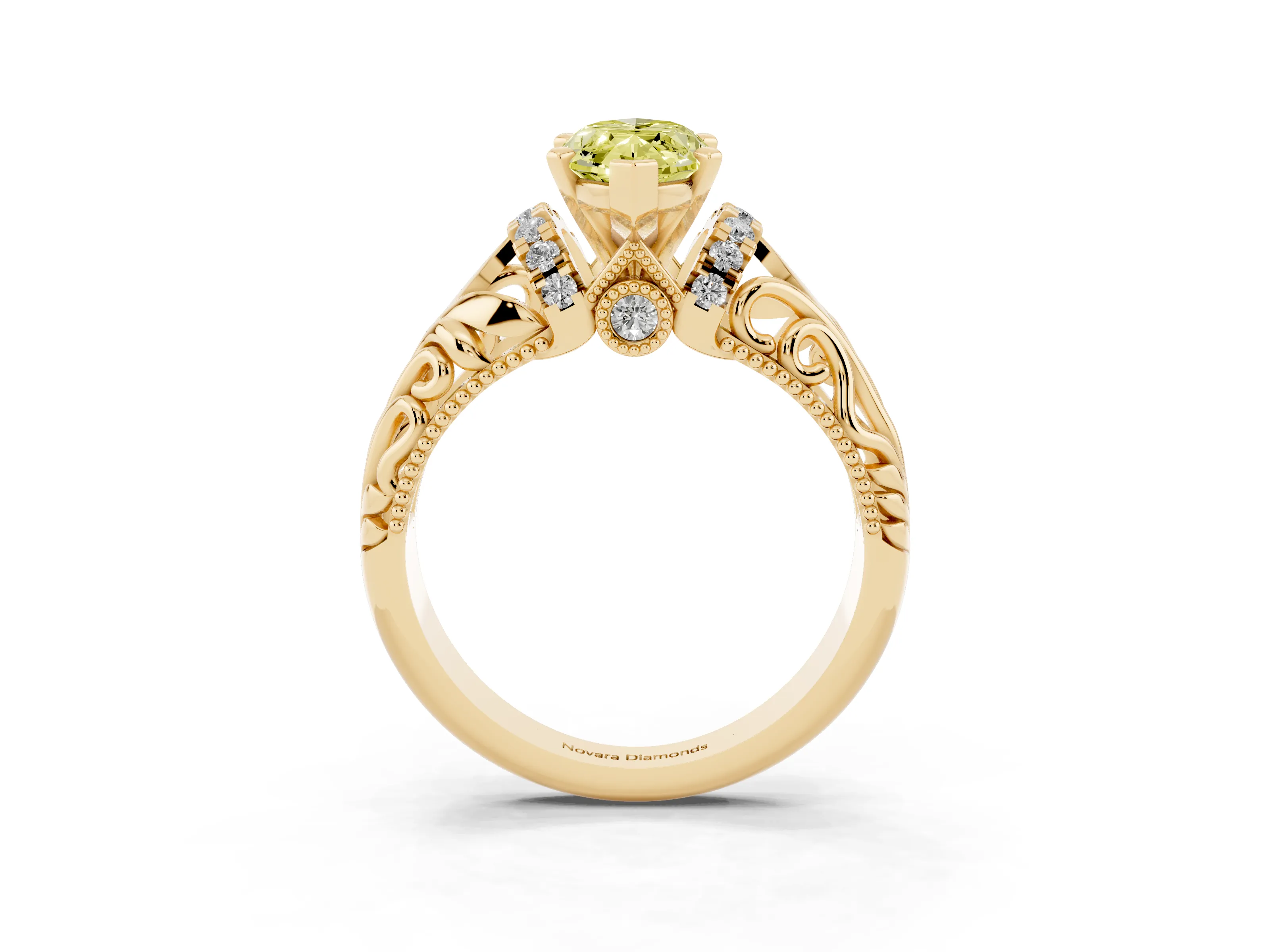 Fancy Yellow Marquise Cut Diamond Filigree Halo Engagement Ring Set in Yellow gold with Prong Setting
