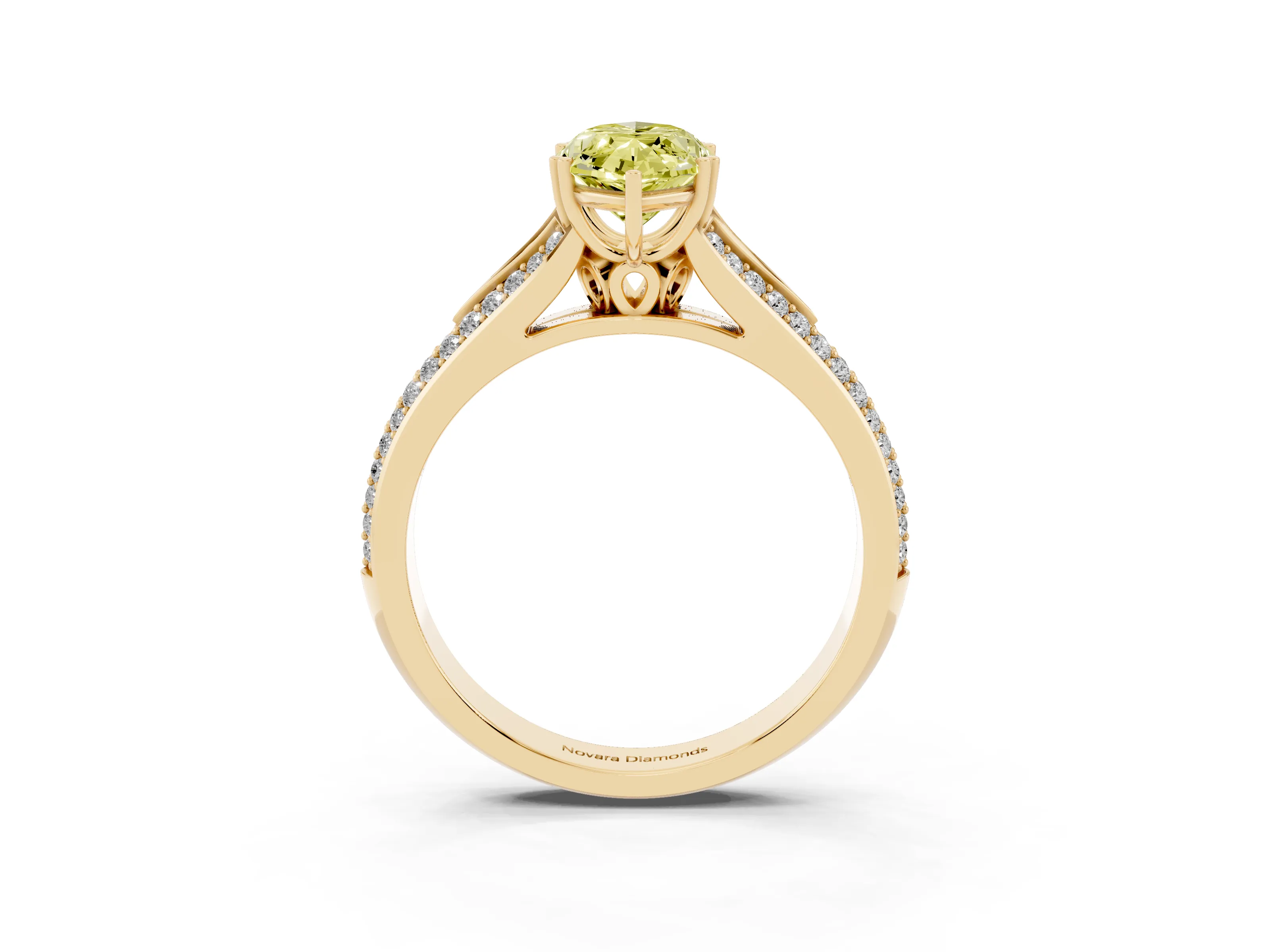 Fancy Yellow Marquise Cut Diamond Split Shank Pavé Engagement Ring Set in Yellow gold with Prong-Set Center Stone