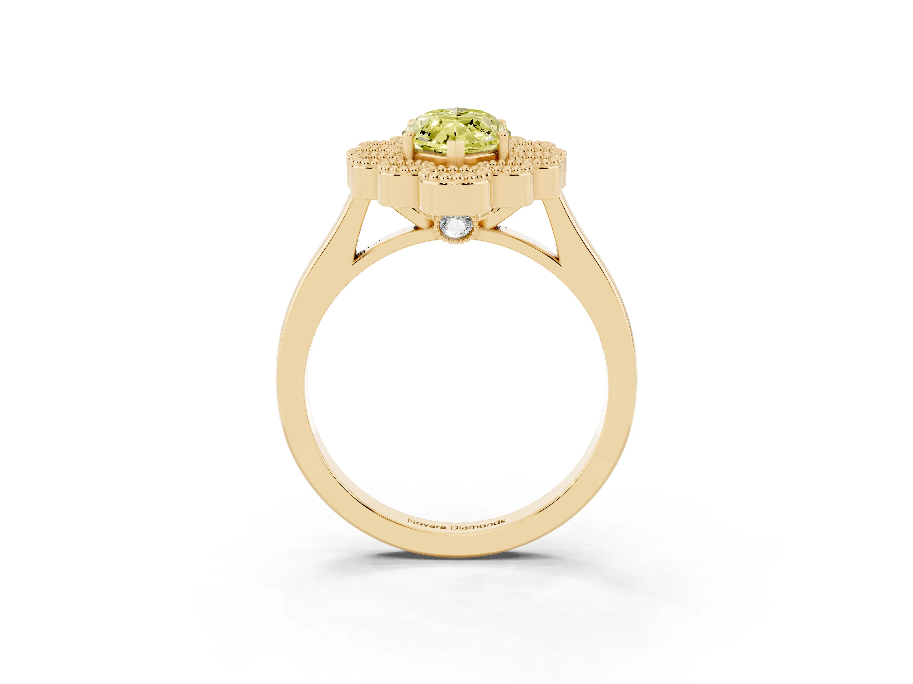 Fancy Yellow Marquise Cut Diamond Cluster Halo Ring Set in Yellow gold with Milgrain Bezel Accents and Plain Band