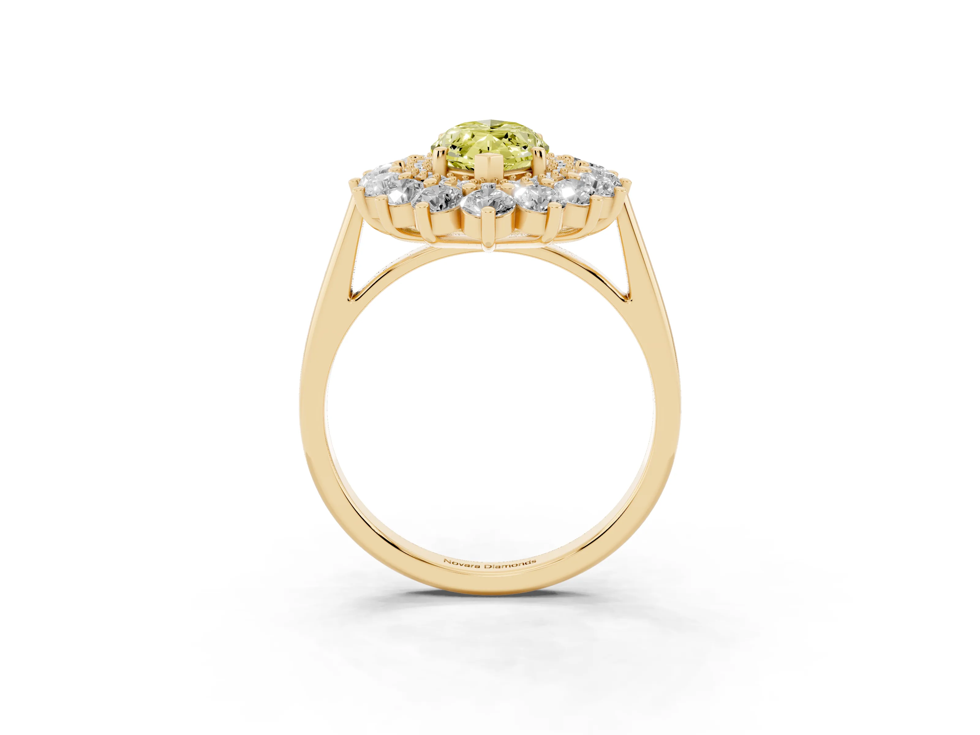 Fancy Yellow Marquise Cut Diamond Floral Double Halo Ring Set in Yellow gold with Round Petals
