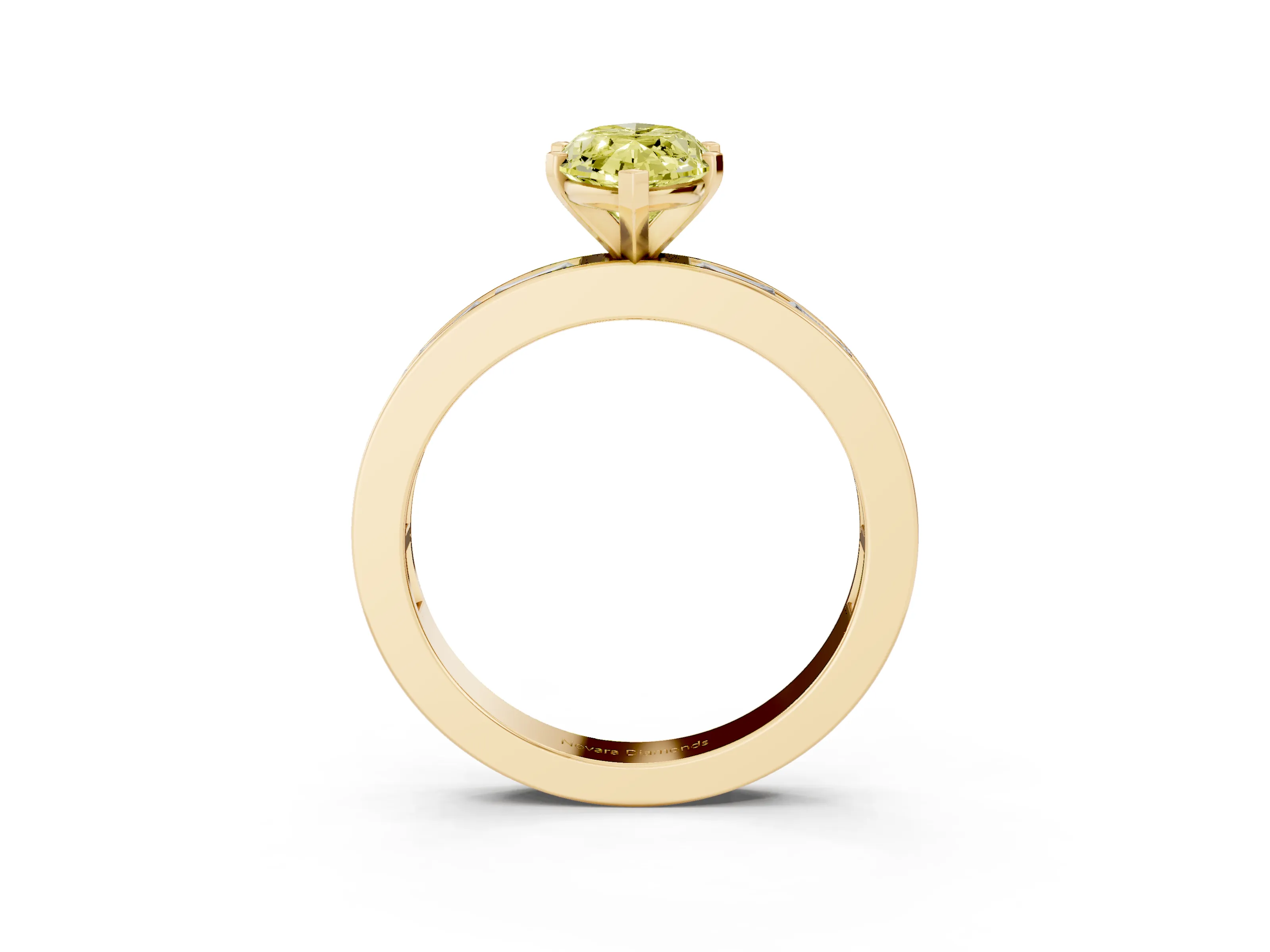 Fancy Yellow Marquise Cut Diamond Solitaire Ring Set in Yellow gold with Channel-Set Baguette Band and Prong Setting