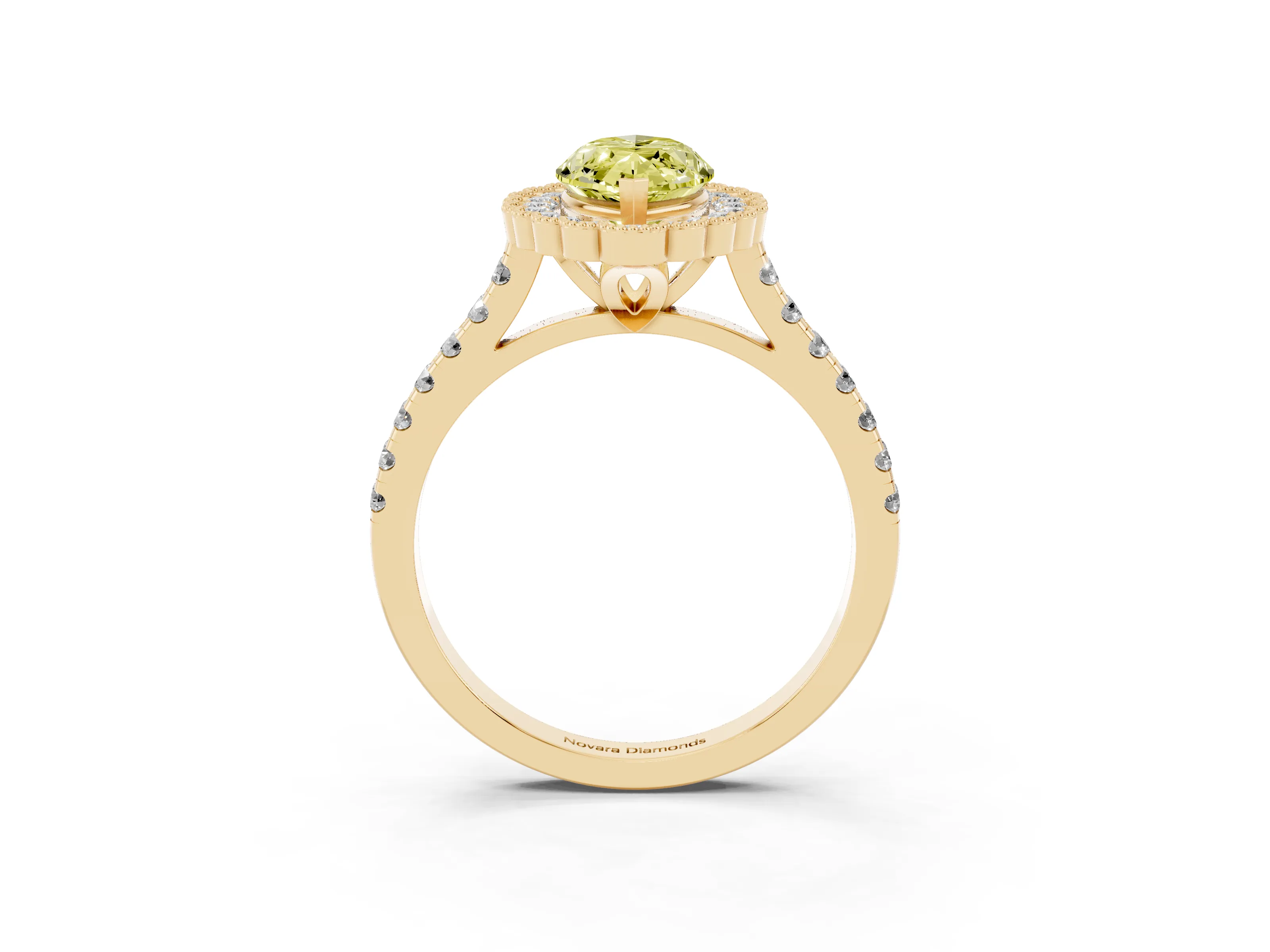 Fancy Yellow Marquise Cut Diamond Milgrain Floral Halo Engagement Ring Set in Yellow gold with Pavé Band