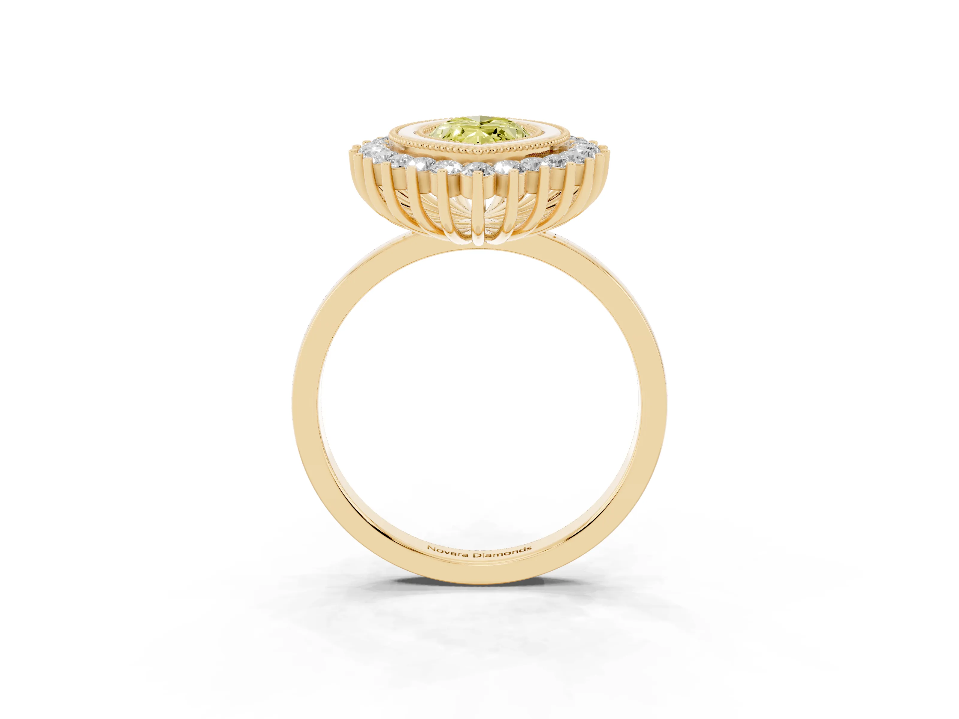 Fancy Yellow Marquise Cut Diamond Halo Ring Set in Yellow gold with Milgrain Edge and Round Prong Setting