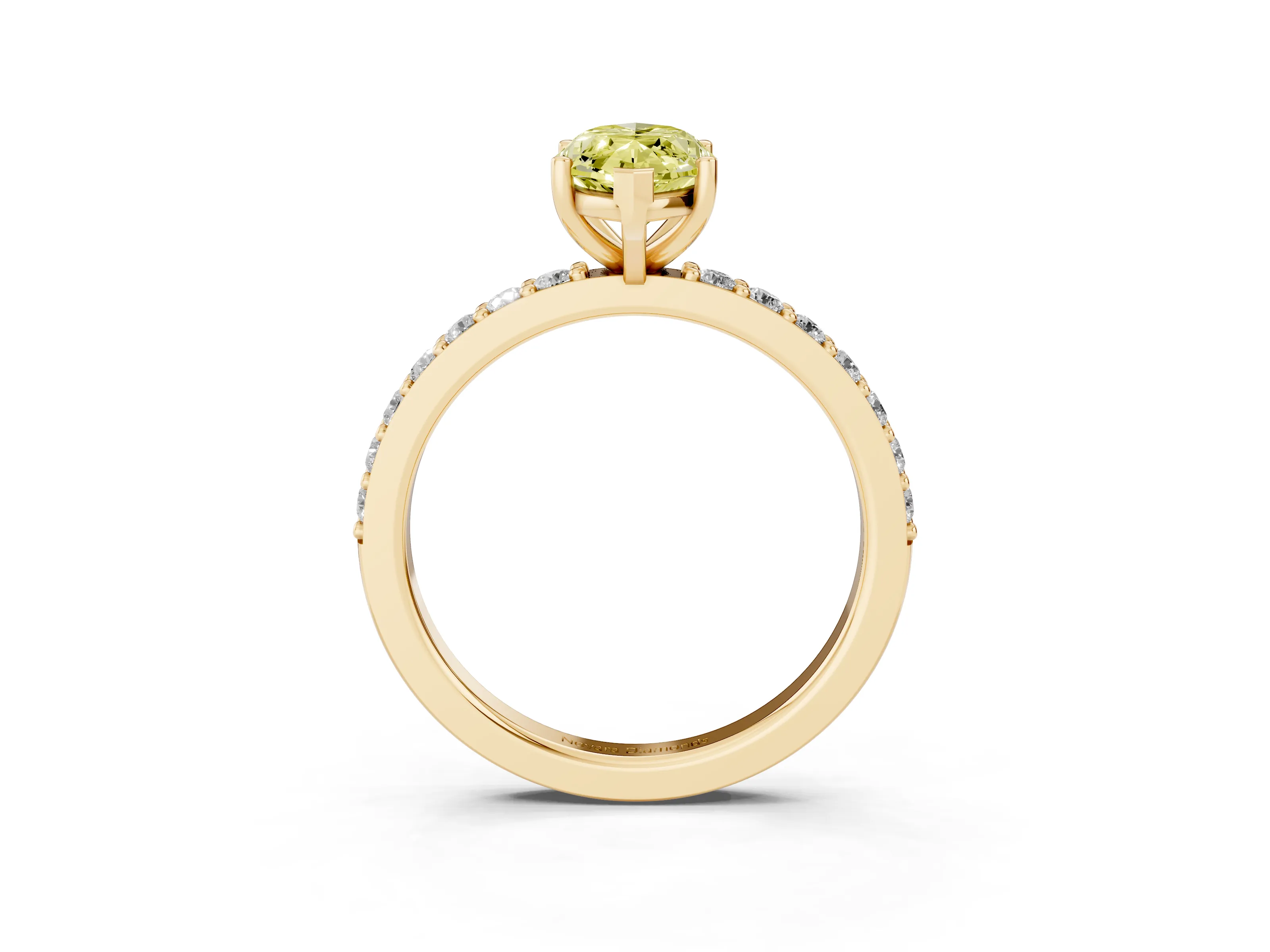 Fancy Yellow Marquise Cut Diamond Solitaire Set in Yellow gold with Round Pavé Band and Prong Setting