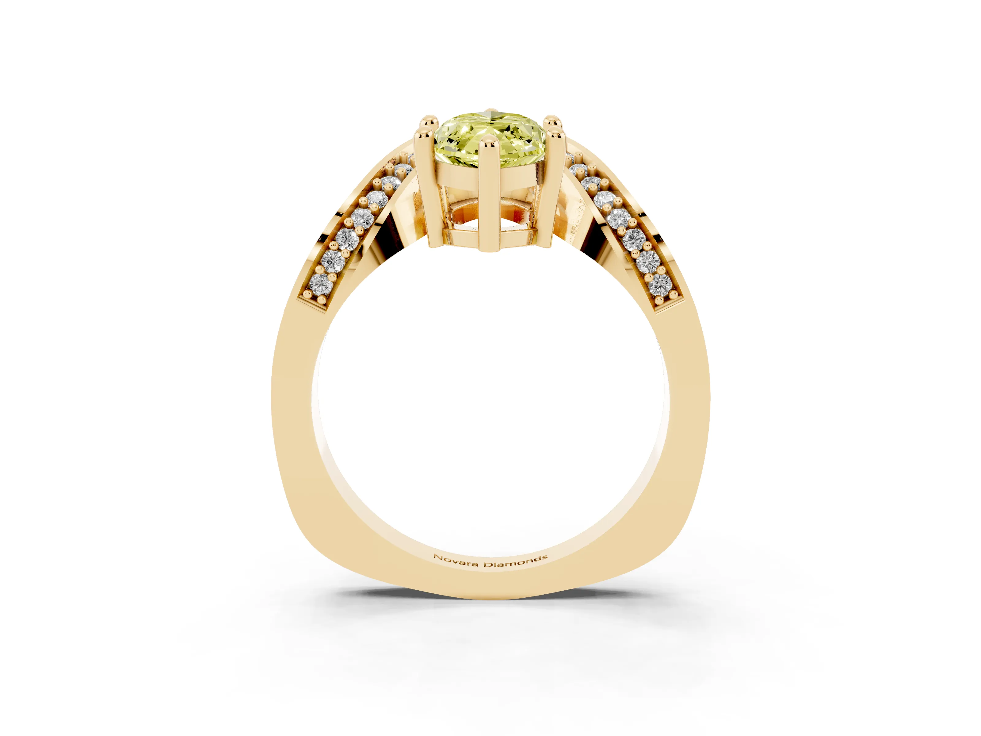 Fancy Yellow Marquise Cut Diamond Solitaire Engagement Ring Set in Yellow gold with Pavé Shoulders