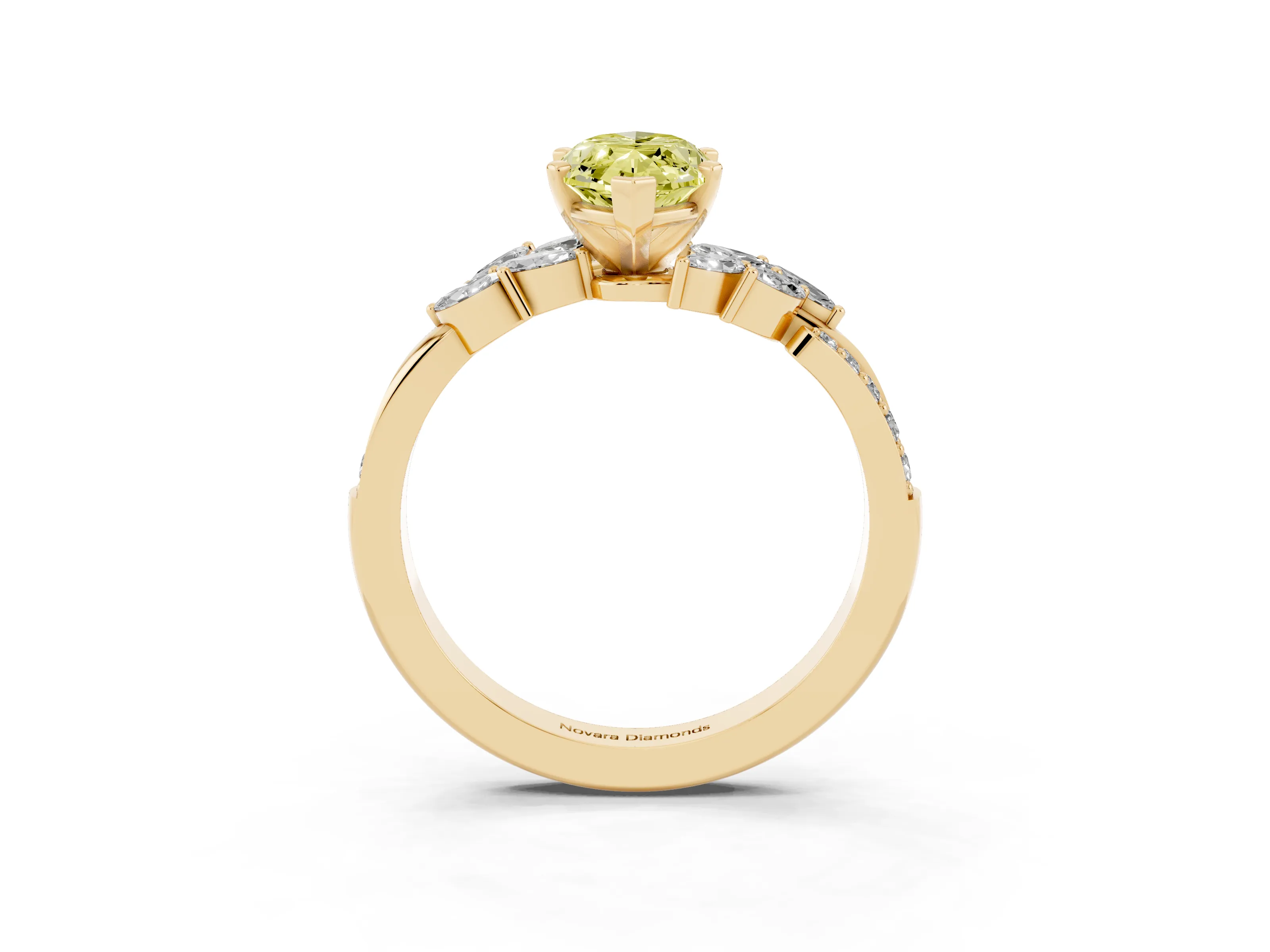 Fancy Yellow Marquise Cut Diamond Solitaire Ring Set in Yellow gold with Marquise Twist Band and Prong Setting
