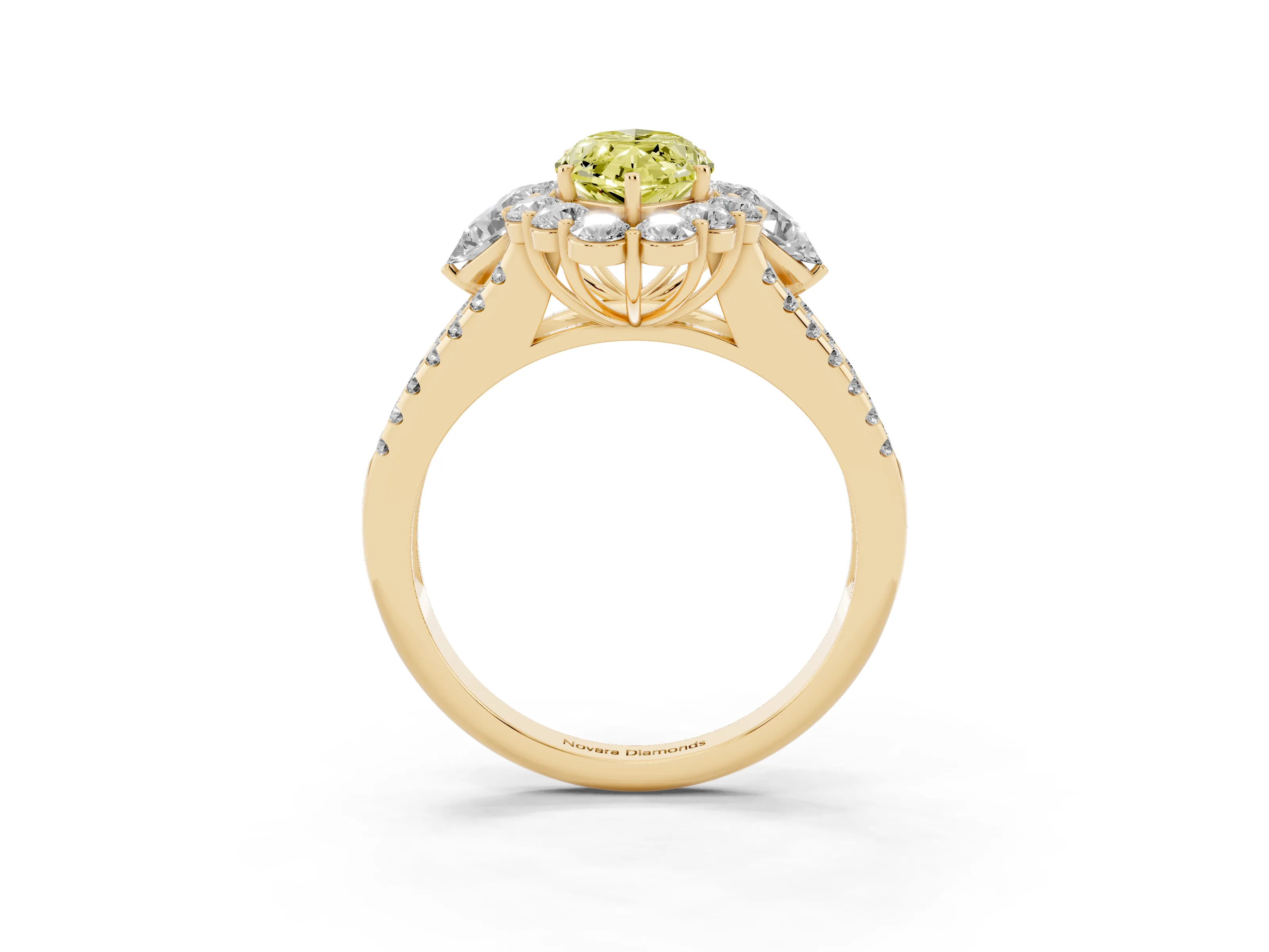 Fancy Yellow Marquise Cut Diamond Halo Split Shank Engagement Ring Set in Yellow gold with Prong-Held Center Stone