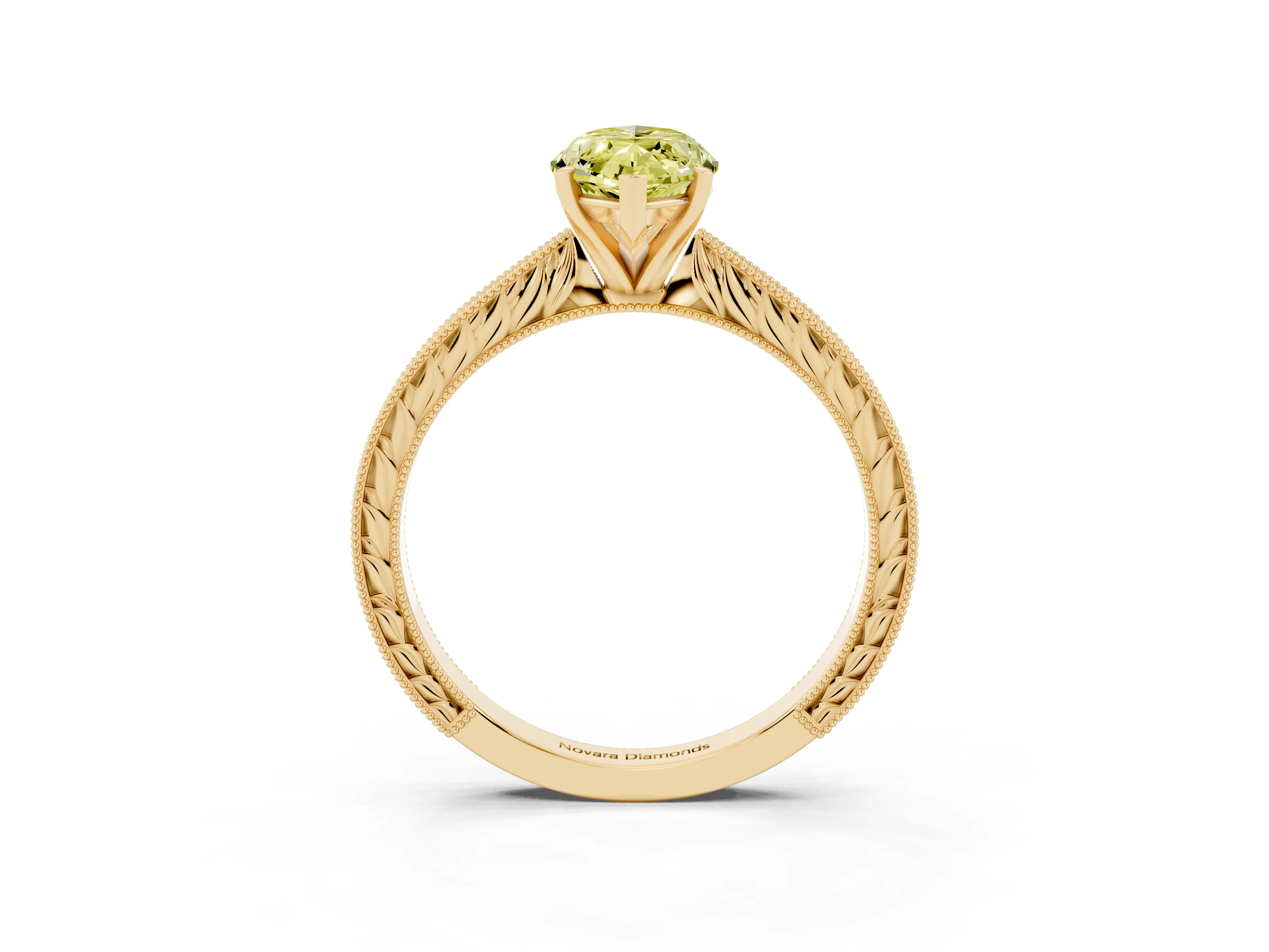 Fancy Yellow Marquise Cut Diamond Solitaire Milgrain Engraved Band Set in Yellow gold with Prong Setting