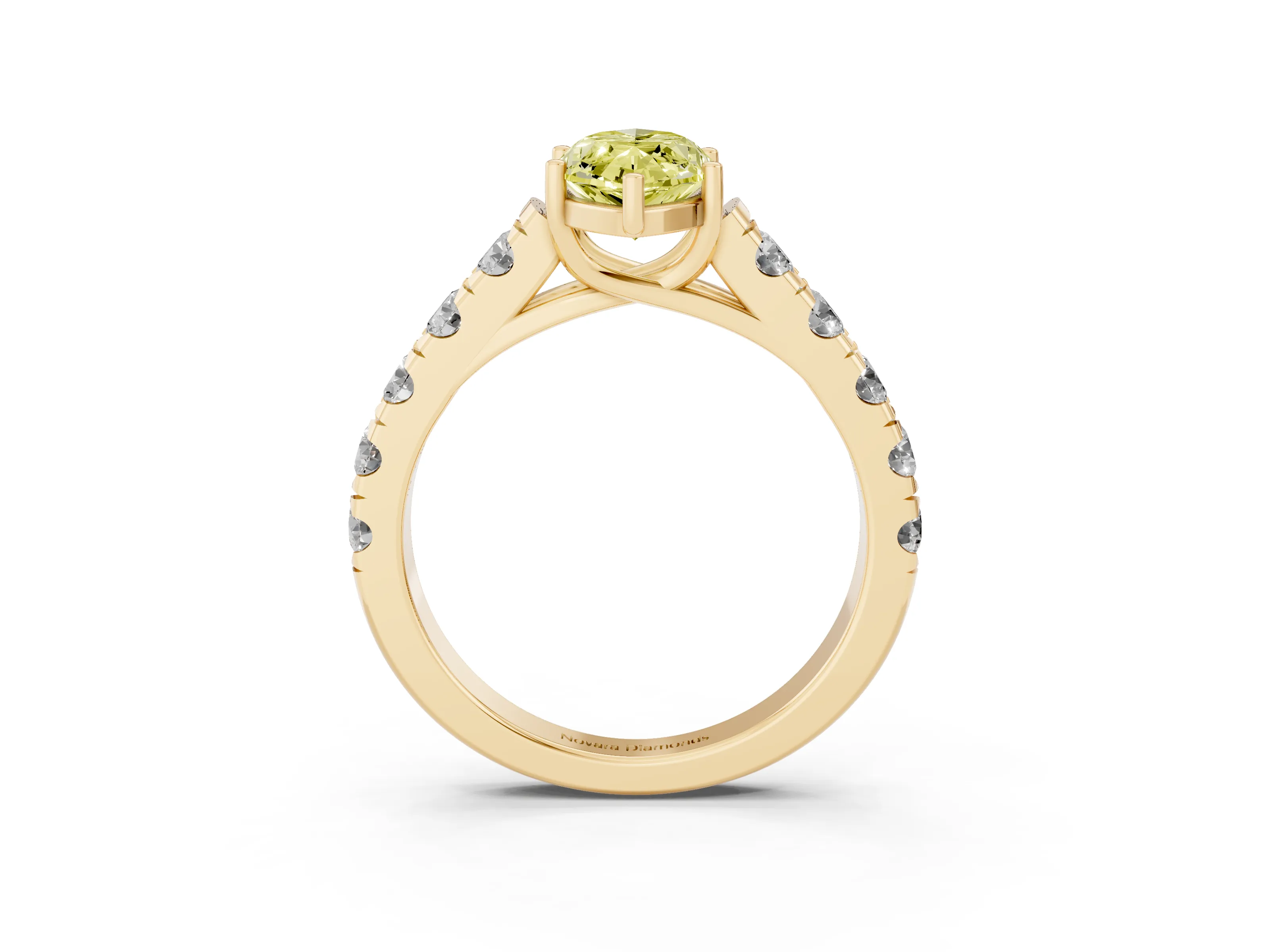 Fancy Yellow Marquise Cut Diamond Solitaire Ring Set in Yellow gold with Cut-Down Micro Pavé Band and Prong Setting