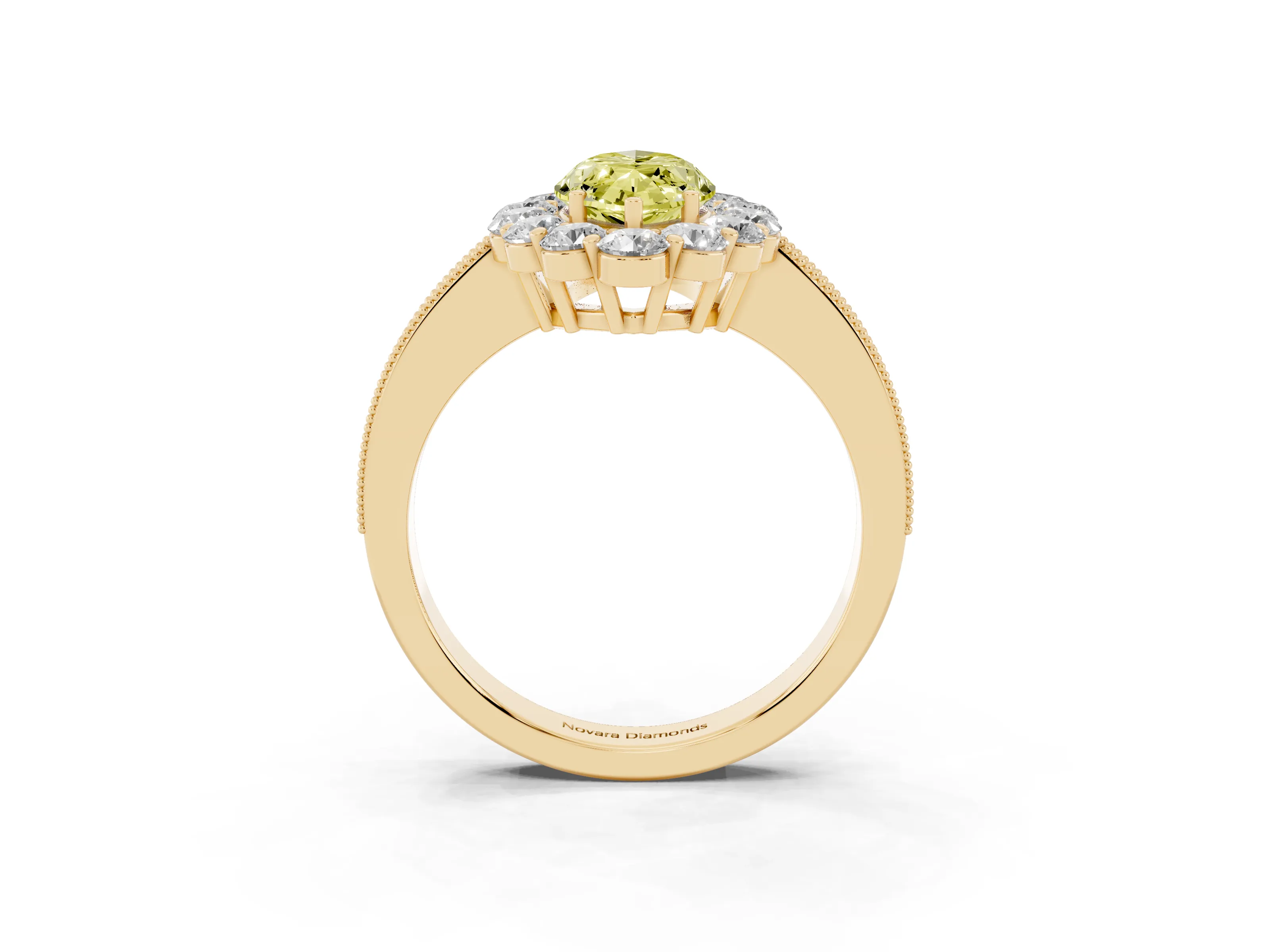 Fancy Yellow Marquise Cut Diamond Halo Pavé Engagement Ring Set in Yellow gold with Milgrain Detailing