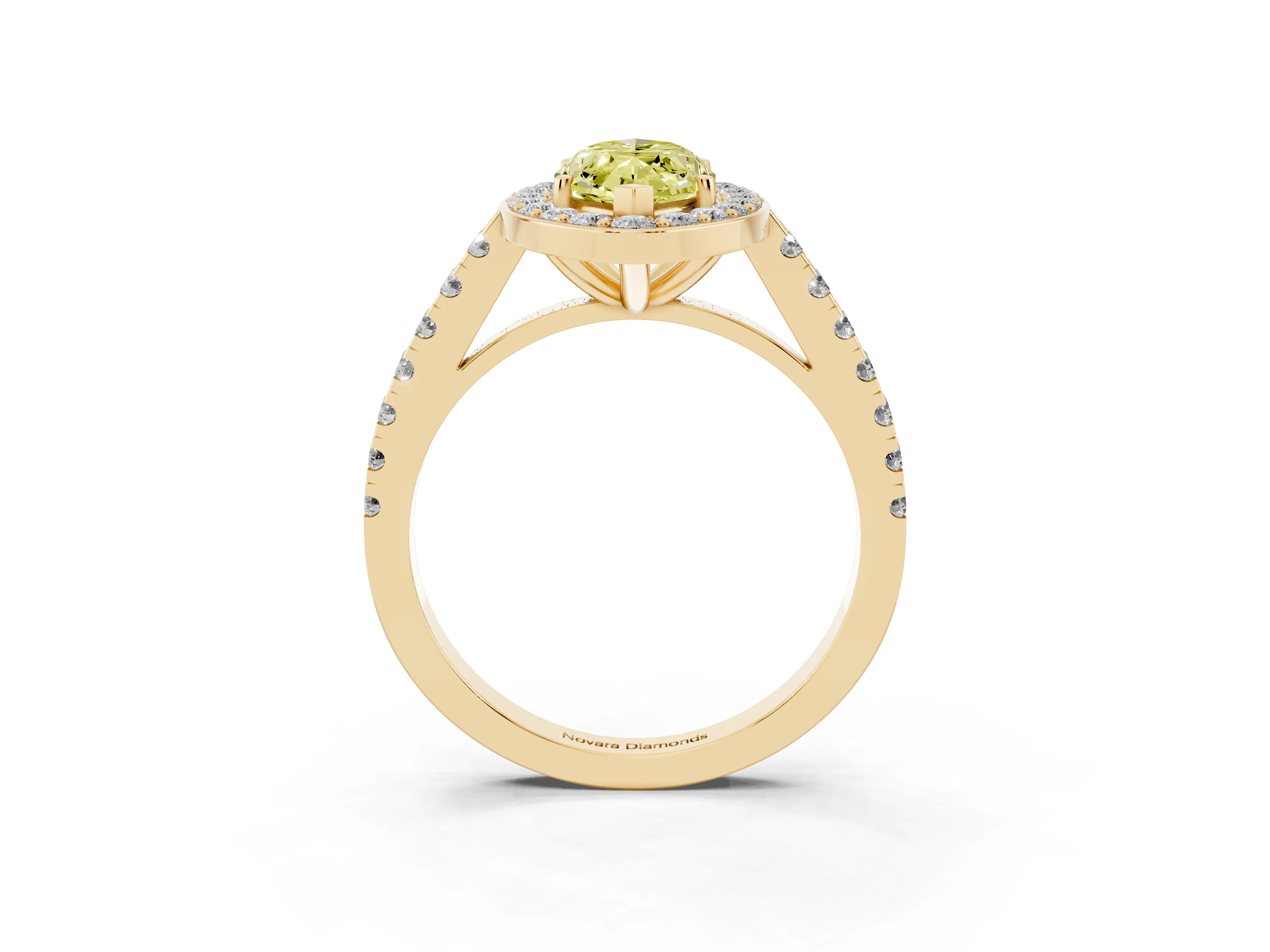 Fancy Yellow Marquise Cut Diamond Halo Ring Set in Yellow gold with Round Pavé Split Shank and Prong Setting