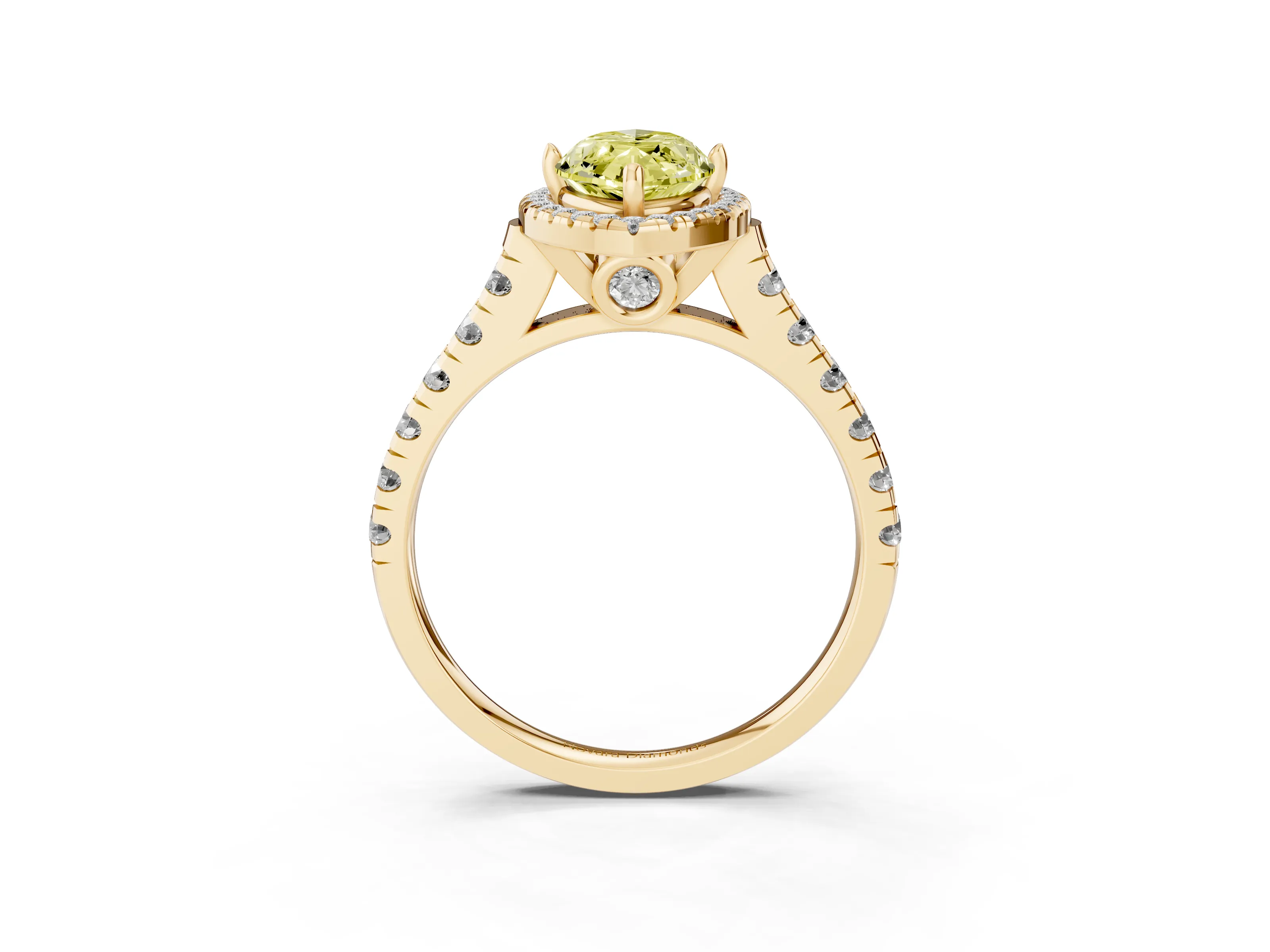 Fancy Yellow Marquise Cut Diamond Halo Engagement Ring Set in Yellow gold with Pavé Band and Prong-Set Center