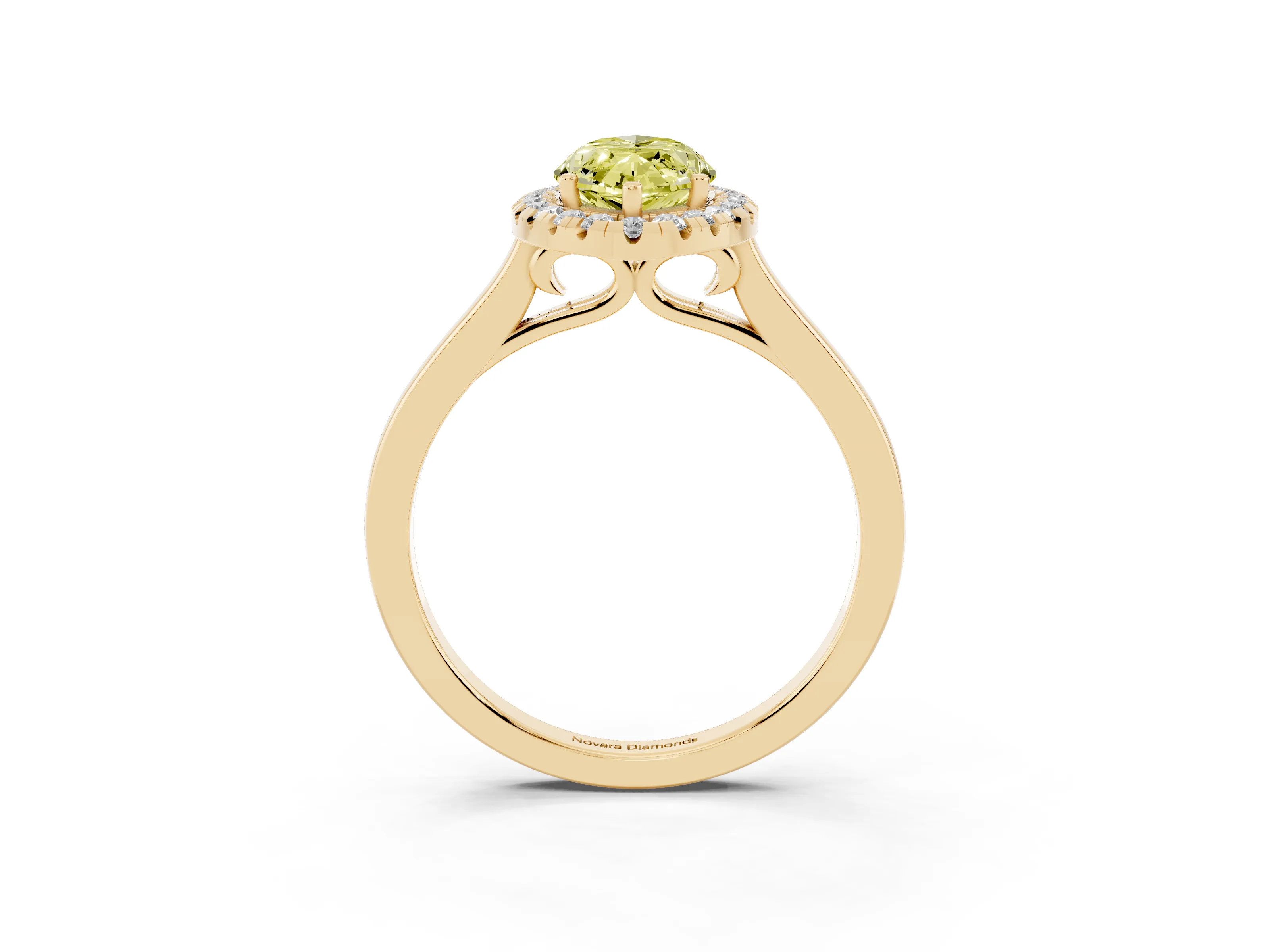 Fancy Yellow Marquise Cut Halo Round Diamond Solitaire Ring Set in Yellow gold with Pavé Band and Prong Setting