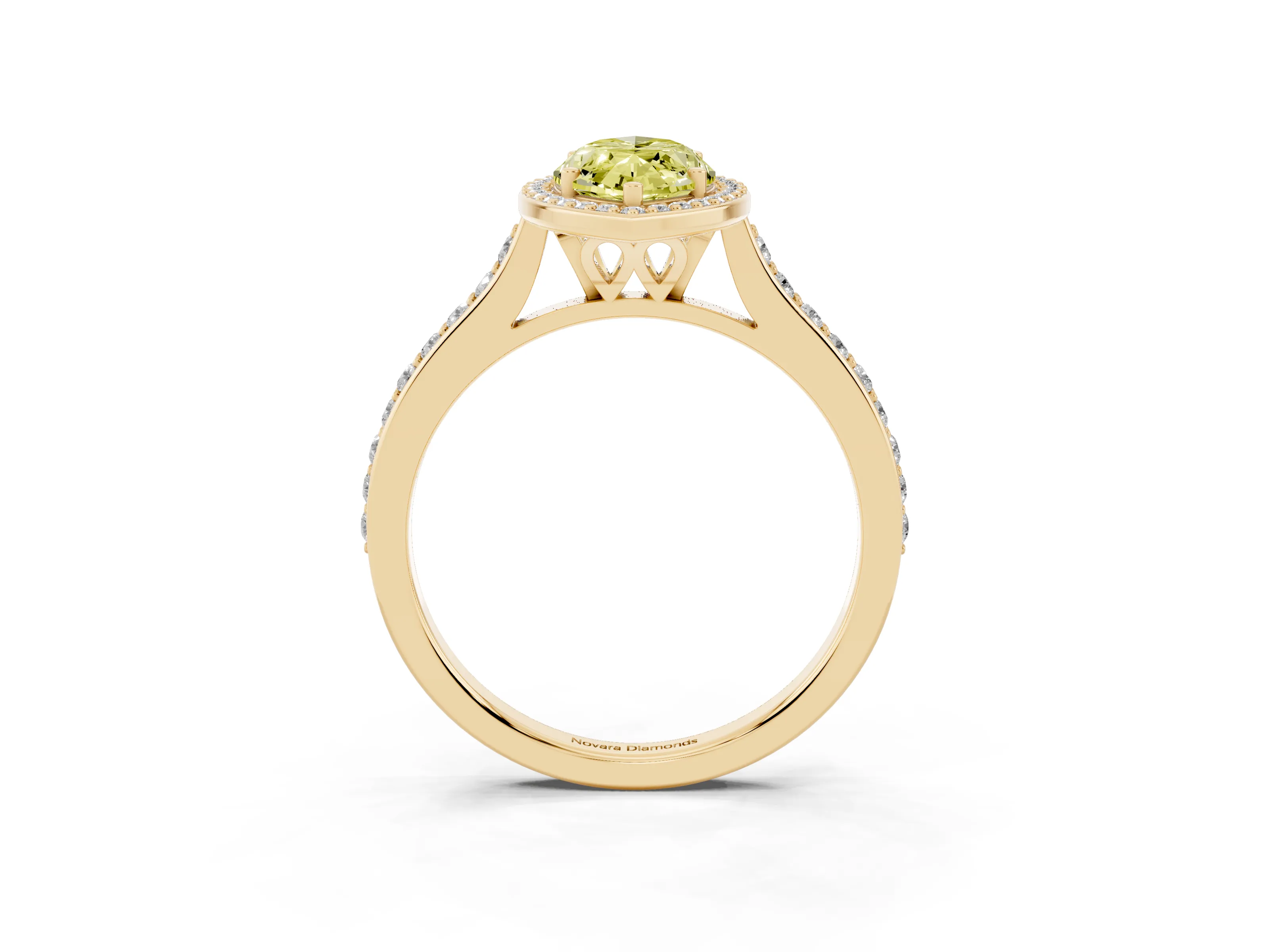 Fancy Yellow Marquise Cut Diamond Halo Engagement Ring Set in Yellow gold with Round Pavé Shoulders and Heart Gallery