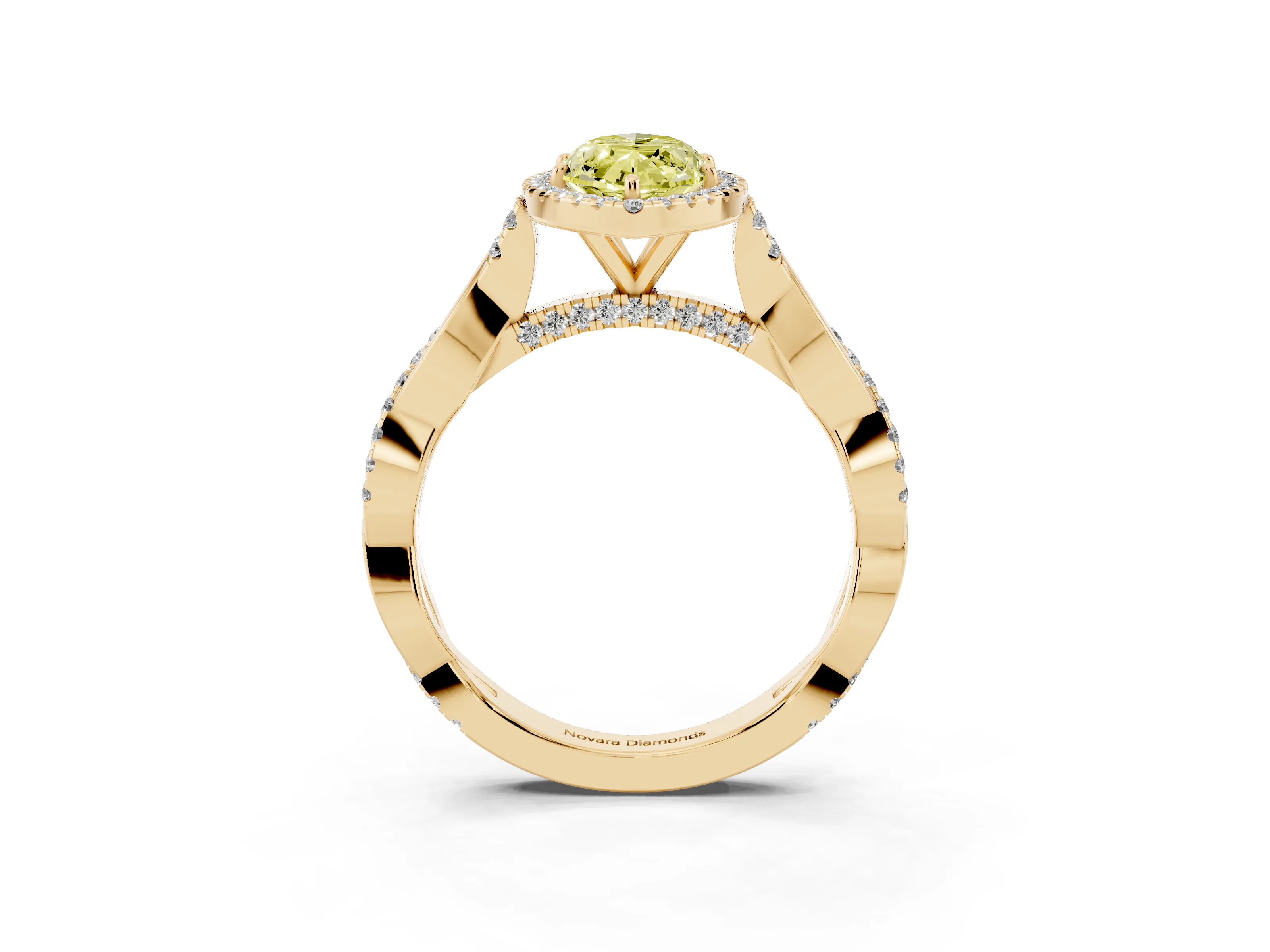 Fancy Yellow Marquise Cut Diamond Halo Twist Band Solitaire Ring Set in Yellow gold with Prong Setting