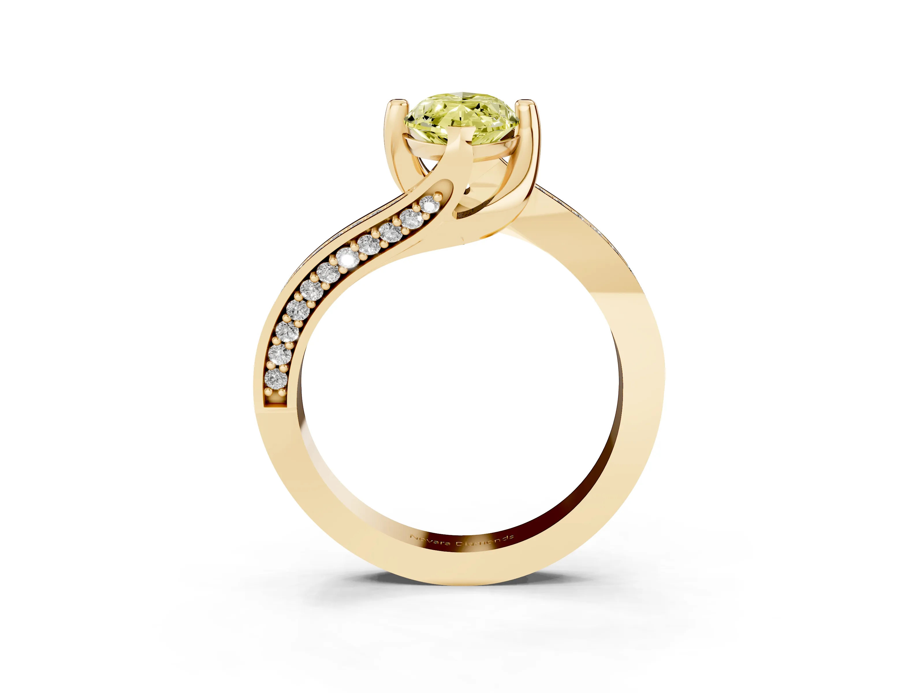 Fancy Yellow Marquise Cut Diamond Solitaire Ring Set in Yellow gold with Intertwined Pavé Twist Band