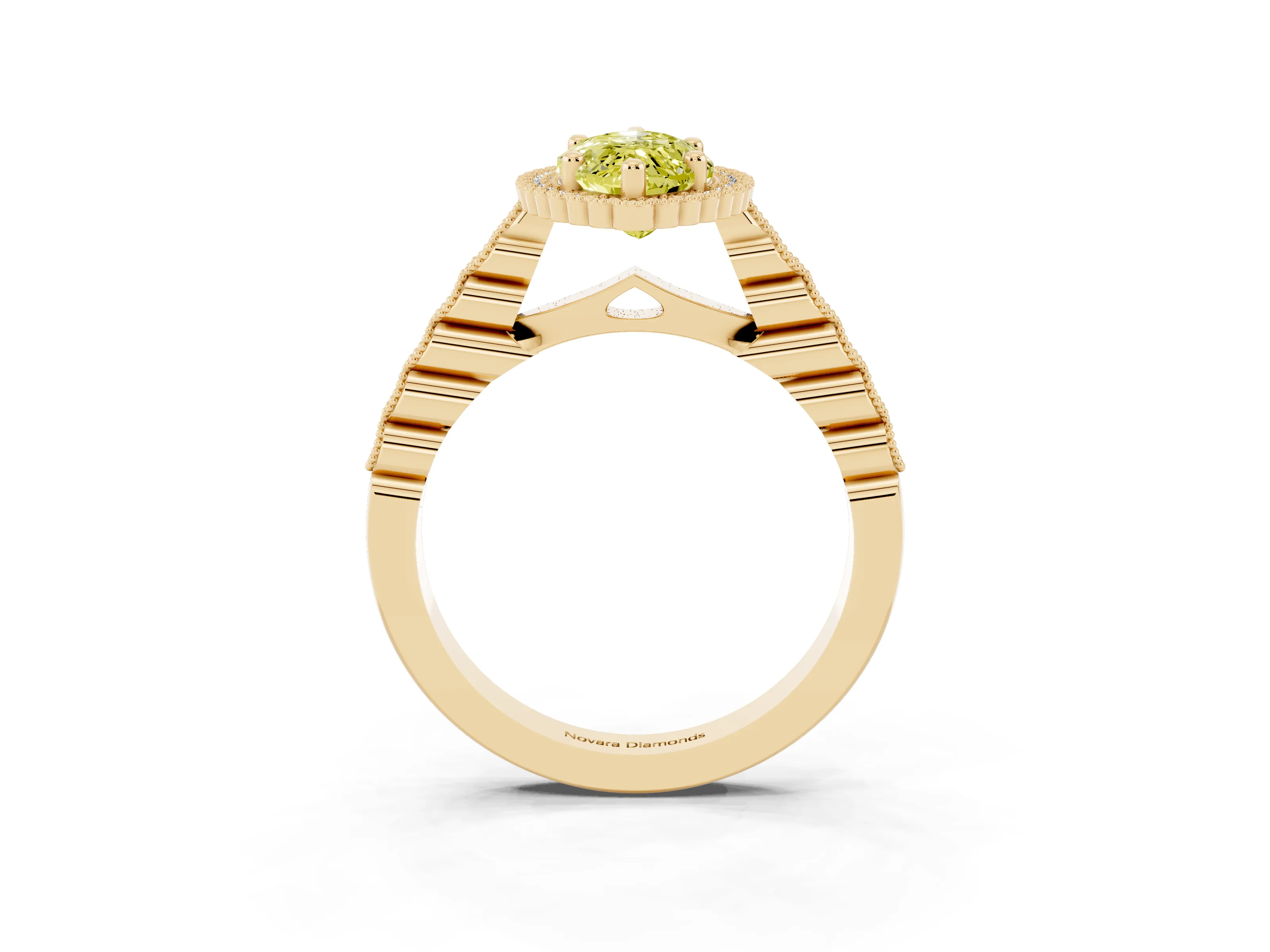 Fancy Yellow Marquise Cut Diamond Halo Ring Set in Yellow gold with Pavé Milgrain Band