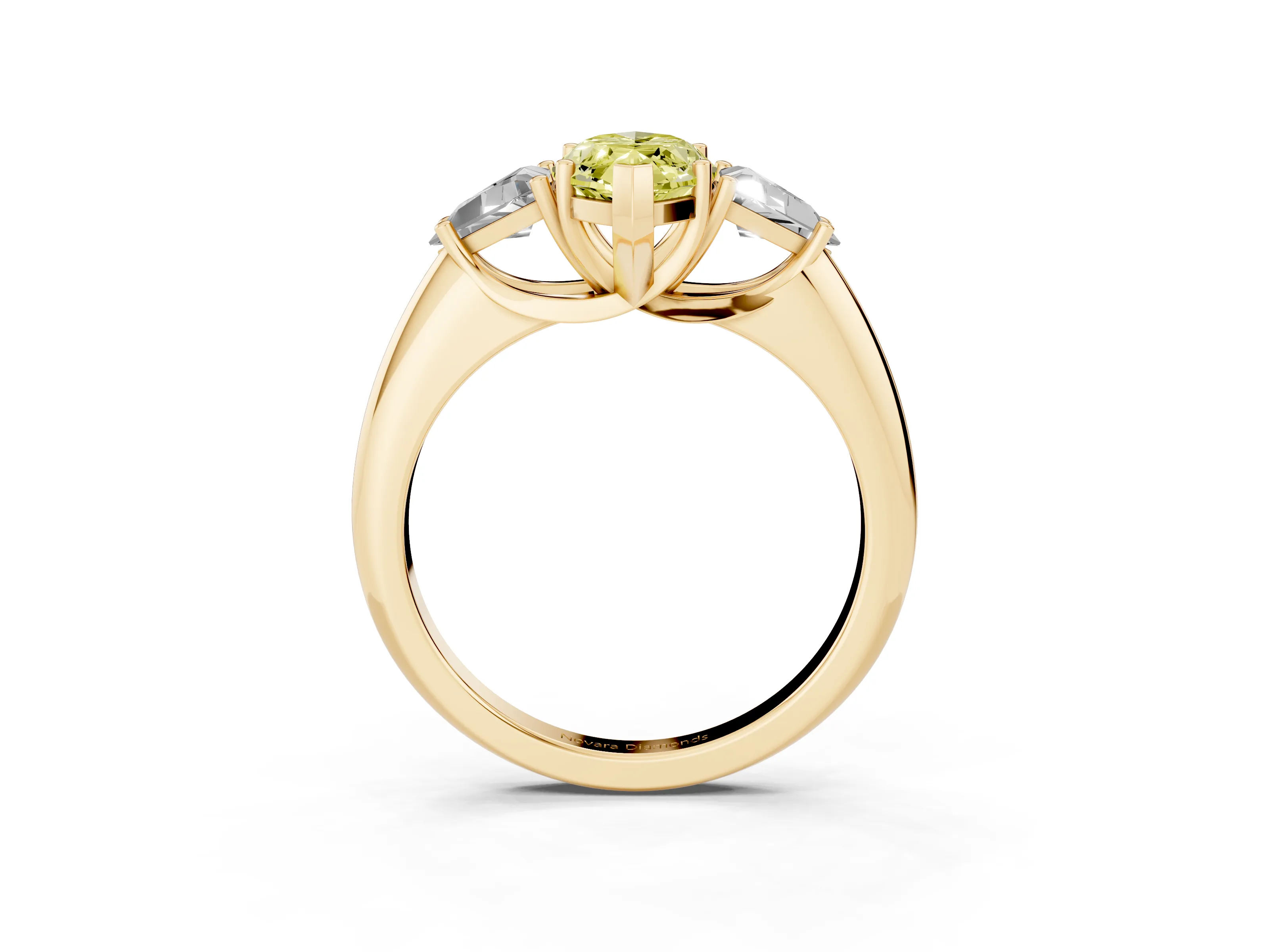 Fancy Yellow Marquise Cut Diamond Three-Stone Engagement Ring Set in Yellow gold with Trillion Side Stones