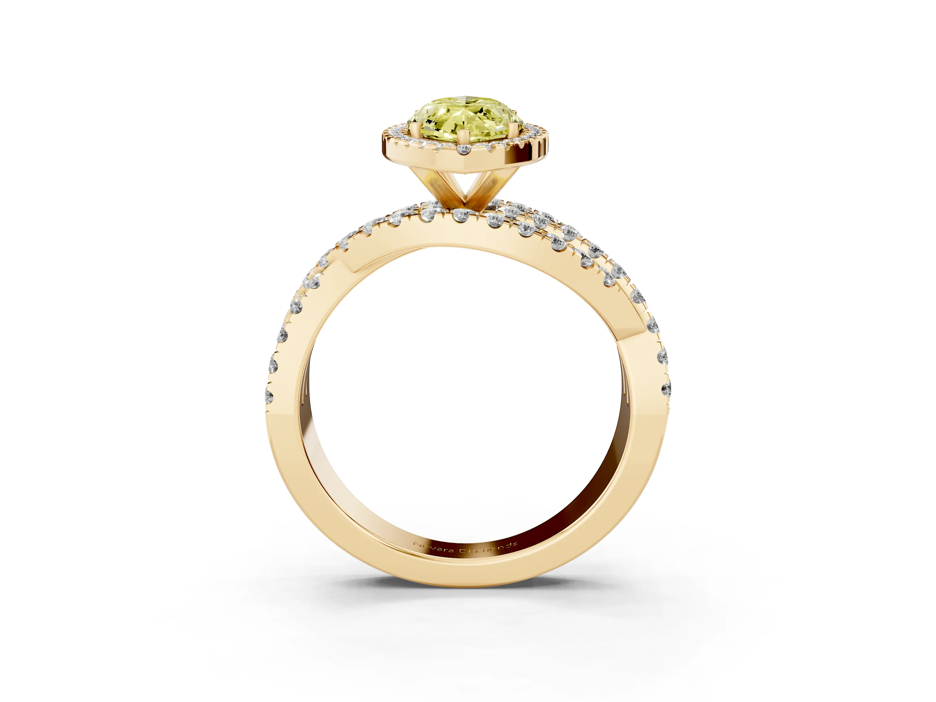 Fancy Yellow Marquise Cut Diamond Halo Ring Set in Yellow gold with Round Crossover Split Shank and Prong Setting