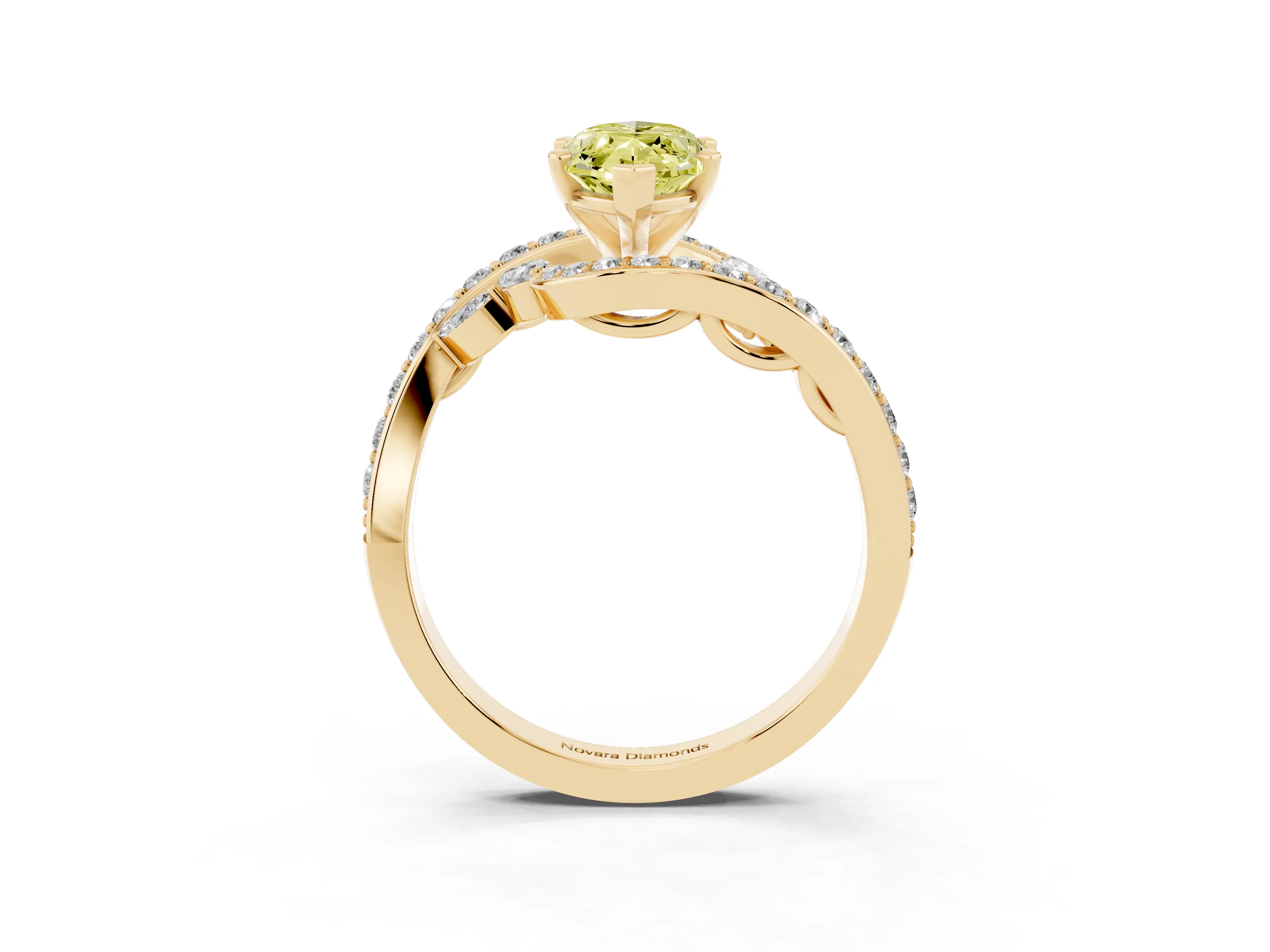 Fancy Yellow Marquise Cut Diamond Solitaire Ring Set in Yellow gold with Pavé Twist Band and Secure Prong Setting