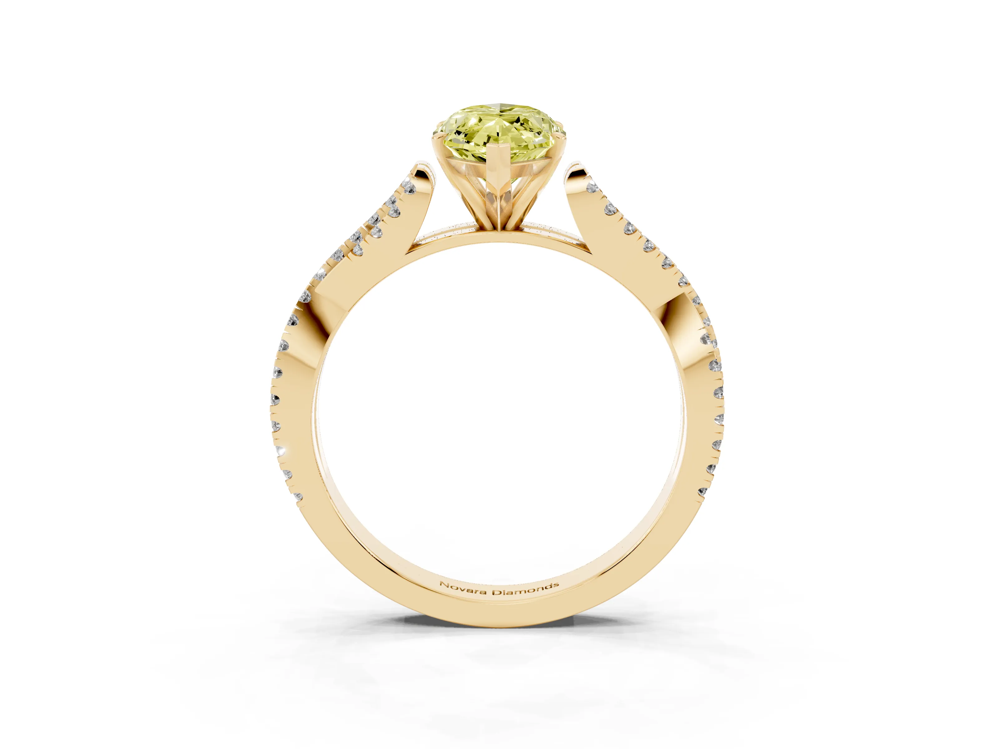 Fancy Yellow Marquise Cut Diamond Solitaire Engagement Ring Set in Yellow gold with Twisted Pavé Band and Prong Setting