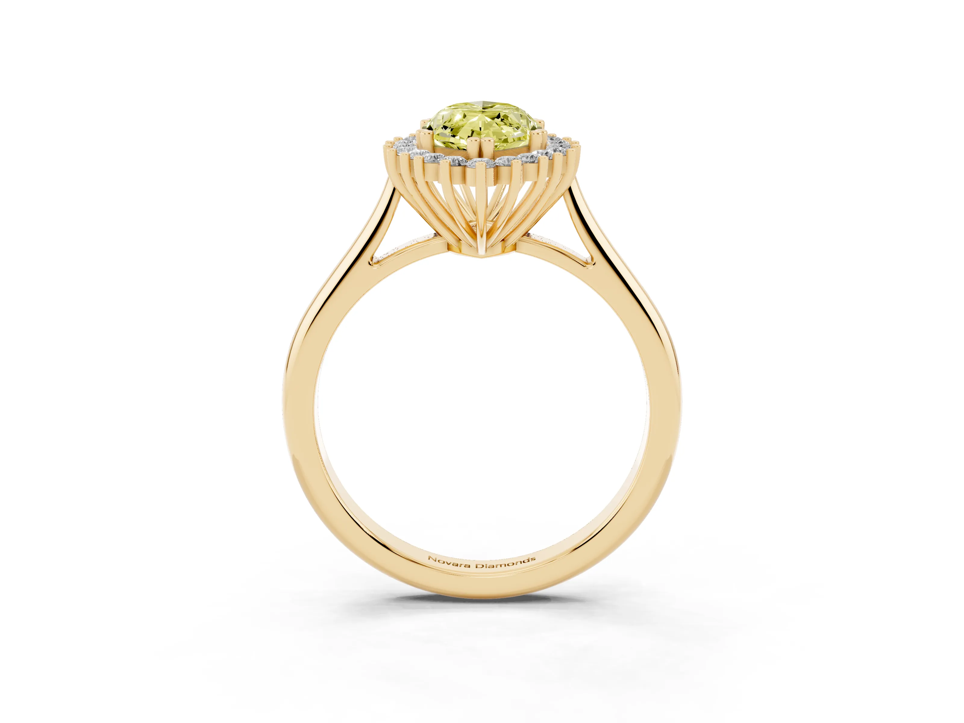 Fancy Yellow Marquise Cut Diamond Halo Ring Set in Yellow gold with Plain Solitaire Band and Prong Setting