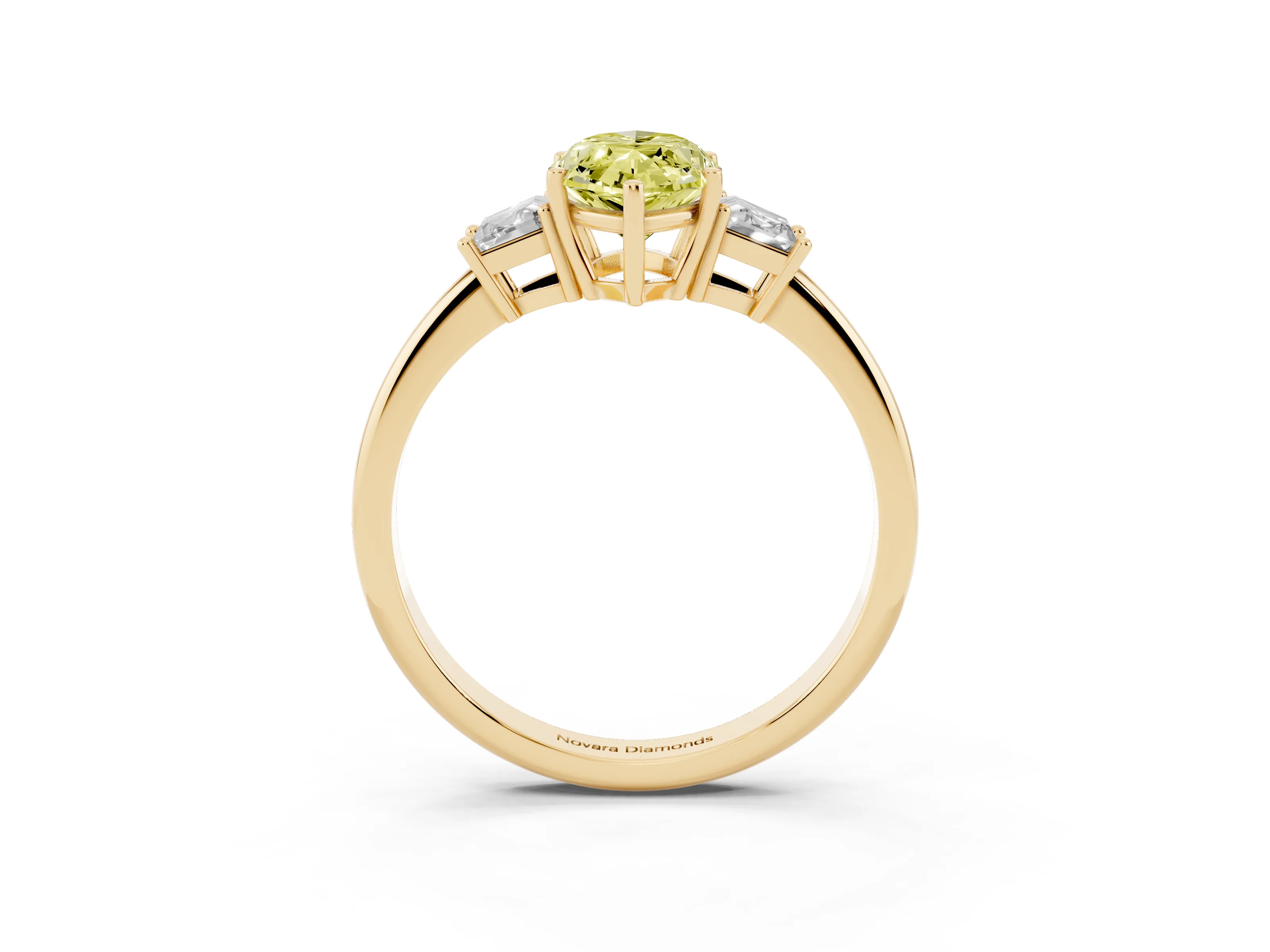 Fancy Yellow Marquise Cut Diamond Three-Stone Ring Set in Yellow gold with Trapezoid Side Stones and Prong Setting