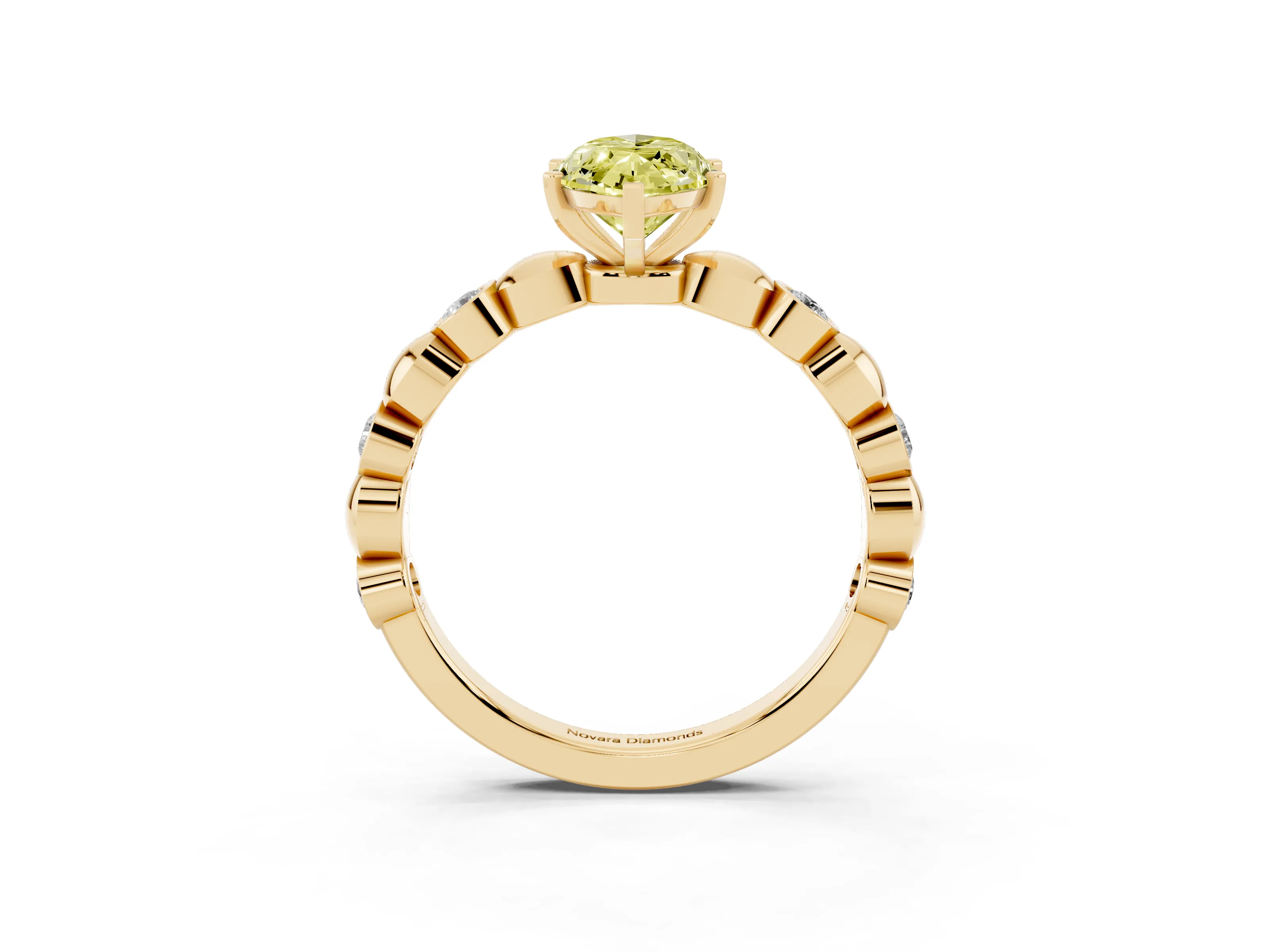 Fancy Yellow Marquise Cut Diamond Solitaire Ring Set in Yellow gold with Bezel-Set Accents on Beaded Band and Prong Setting