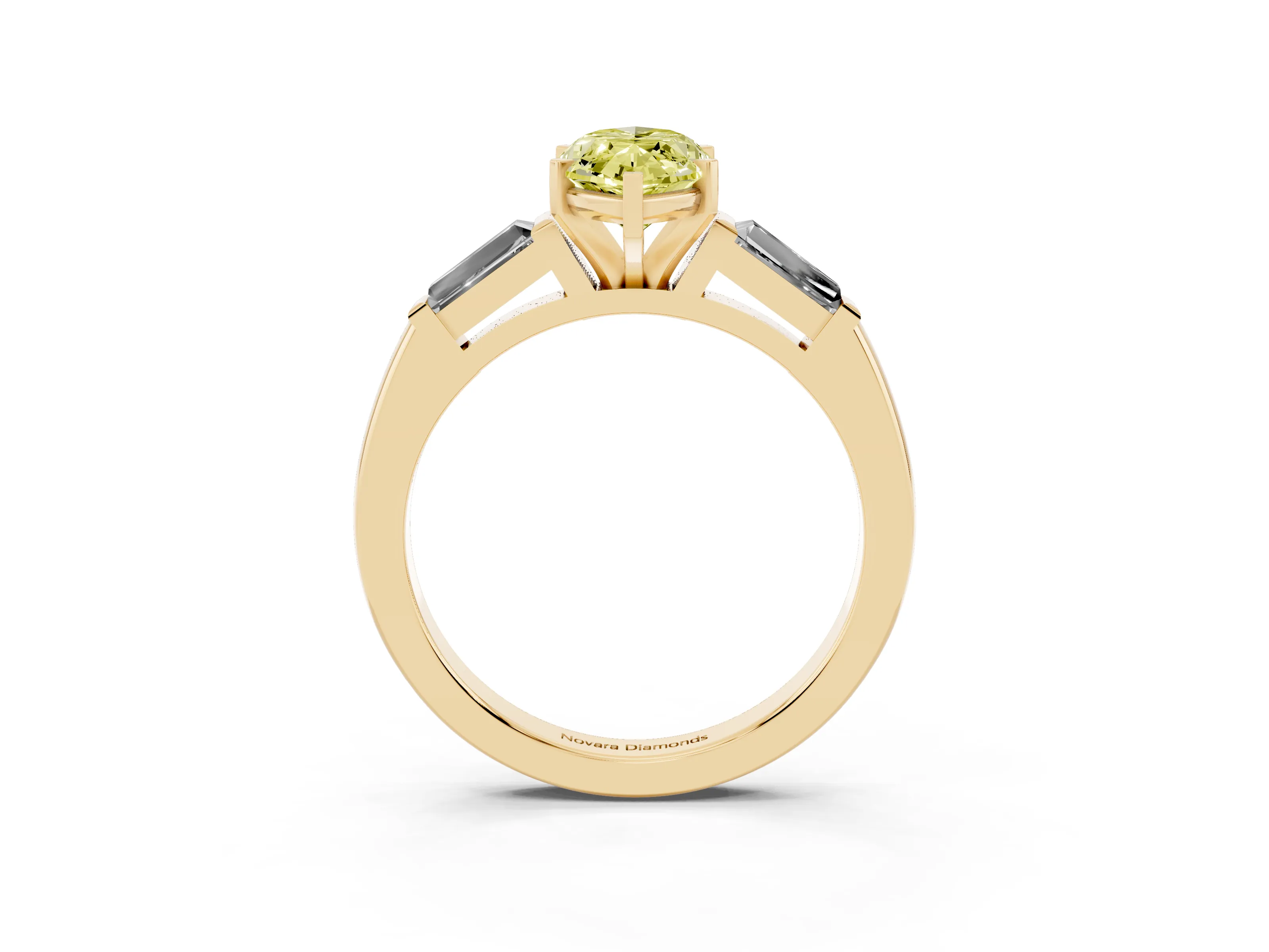 Fancy Yellow Marquise Cut Diamond Solitaire Ring Set in Yellow gold with Tapered Baguette Side Stones and Prong Setting