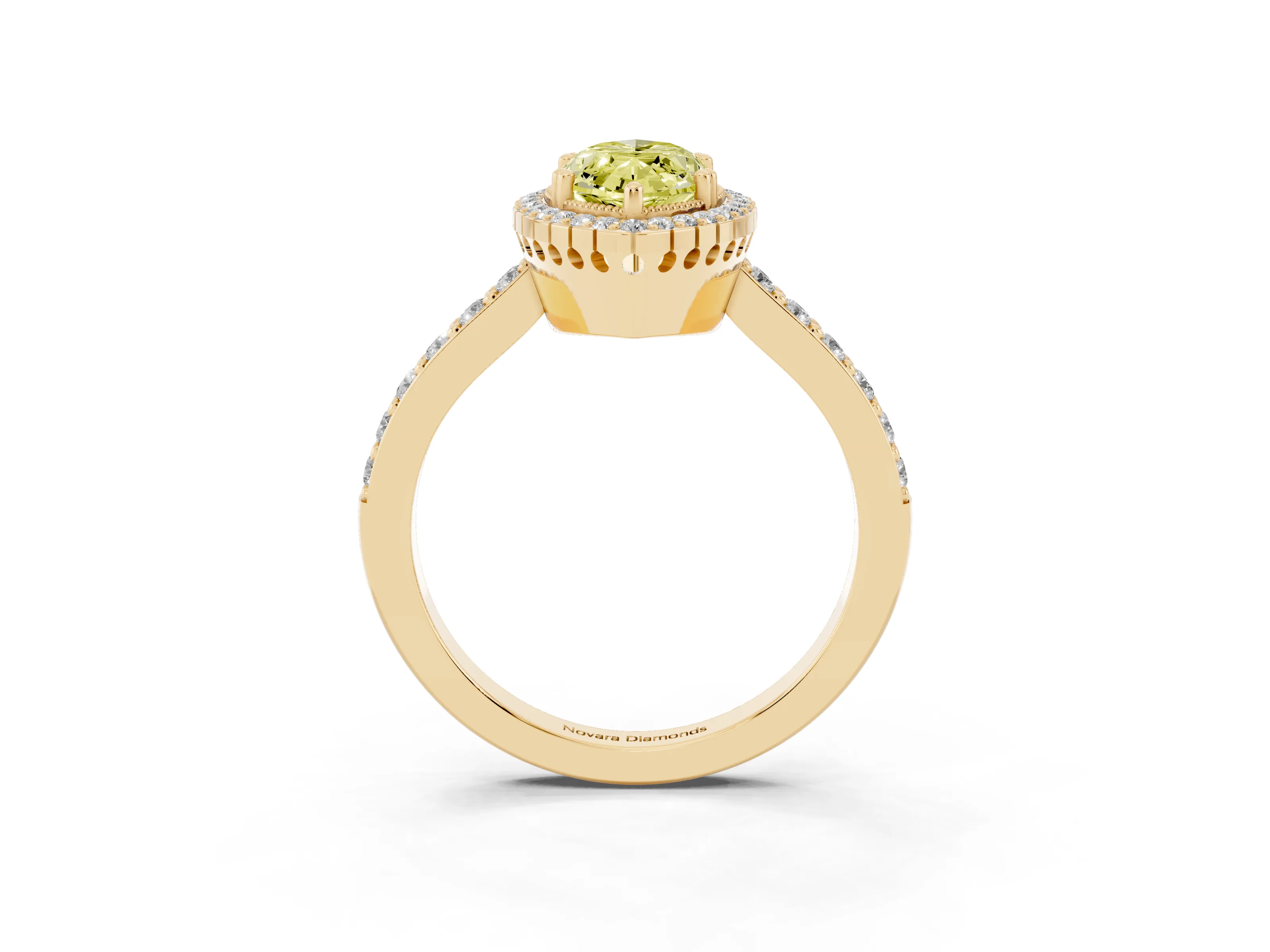 Fancy Yellow Marquise Cut Diamond Halo Engagement Ring Set in Yellow gold with Milgrain Detail and Pavé Band