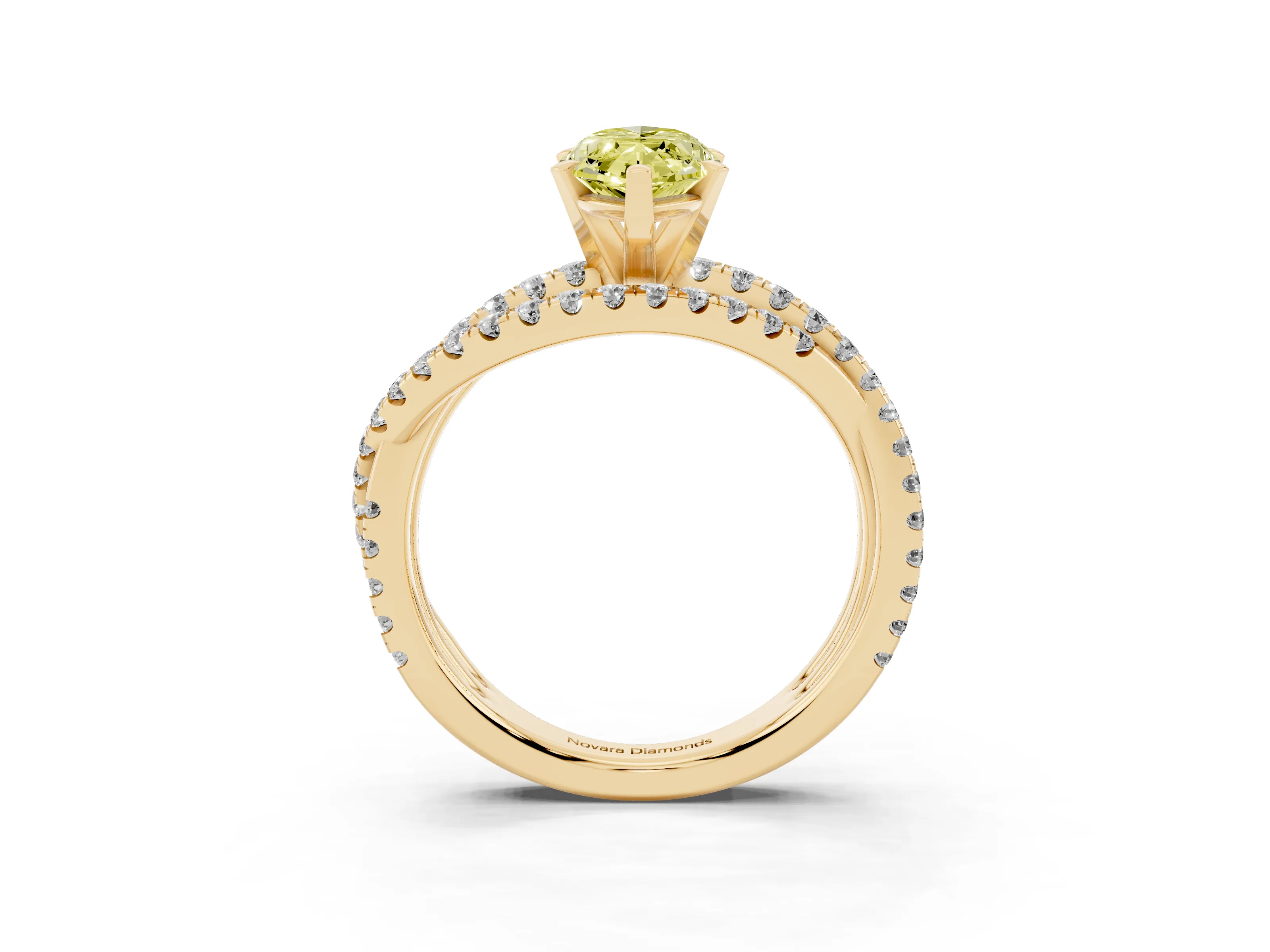 Fancy Yellow Marquise Cut Diamond Solitaire Twist Band Ring Set in Yellow gold with Pavé Setting and Prong Head
