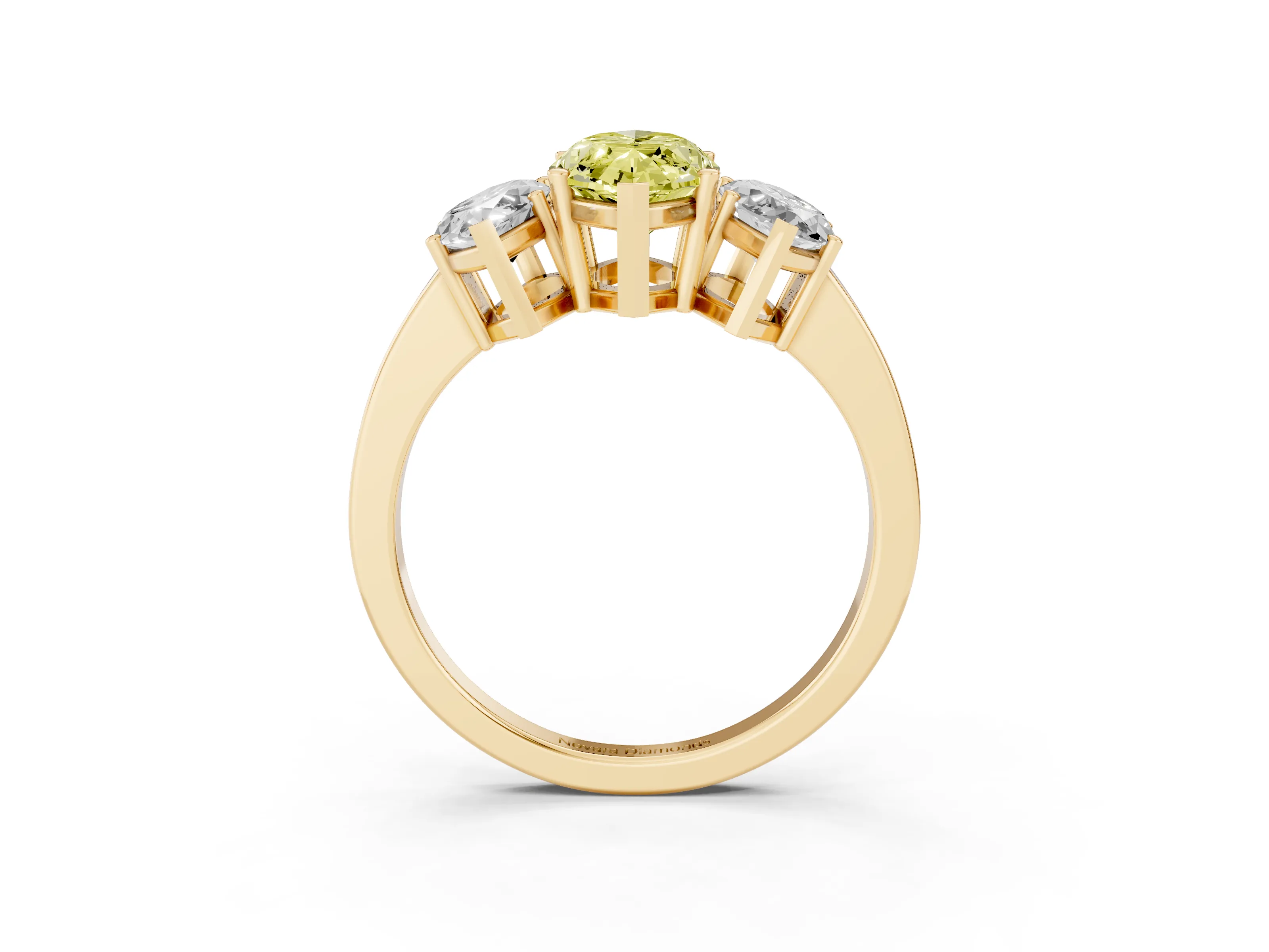 Fancy Yellow Marquise Cut Diamond Three-Stone Engagement Ring Set in Yellow gold with Flat Band
