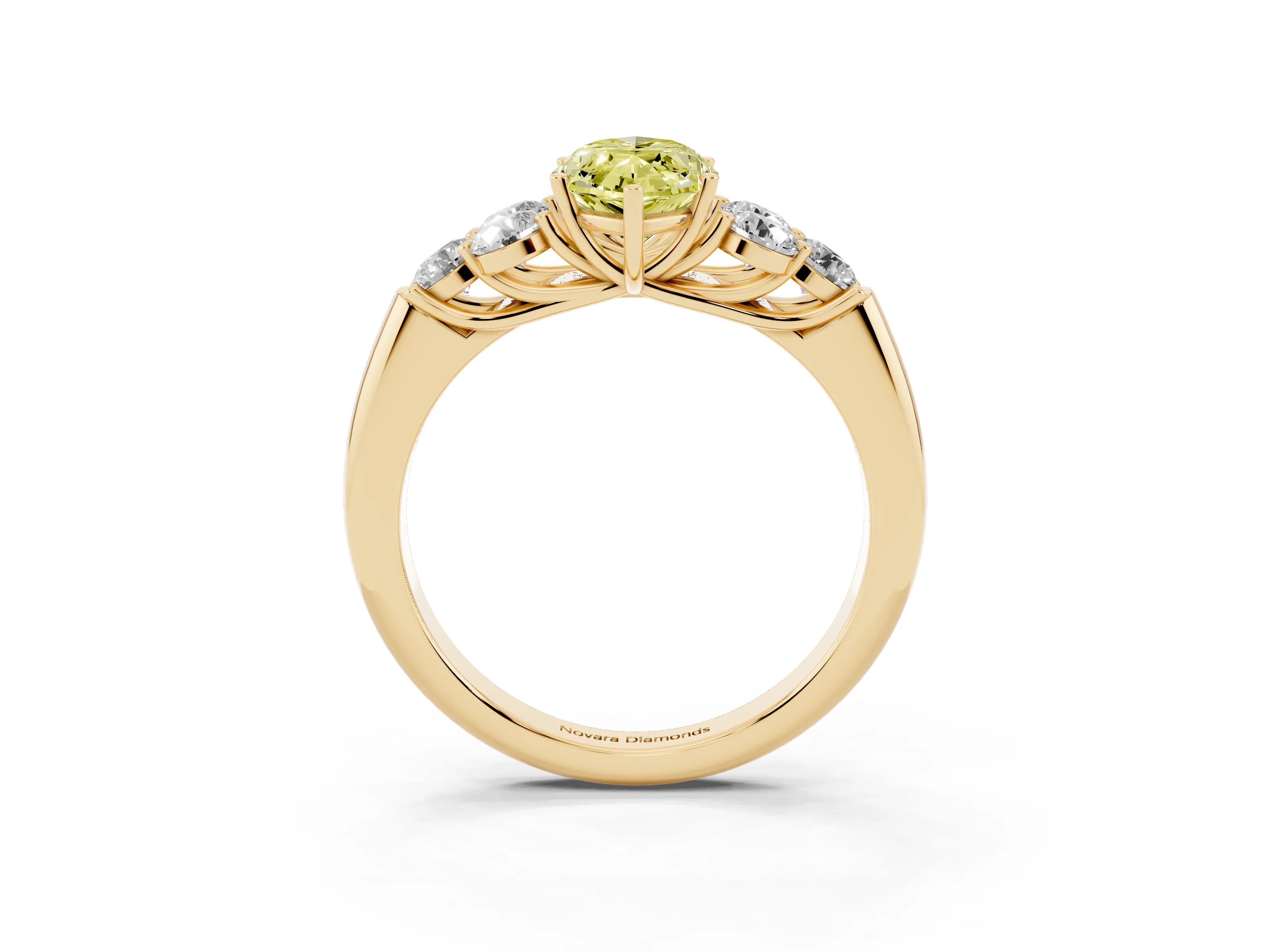 Fancy Yellow Marquise Cut Diamond Cluster Ring Set in Yellow gold with Round Accent Stones and Prong Setting on a Plain Band