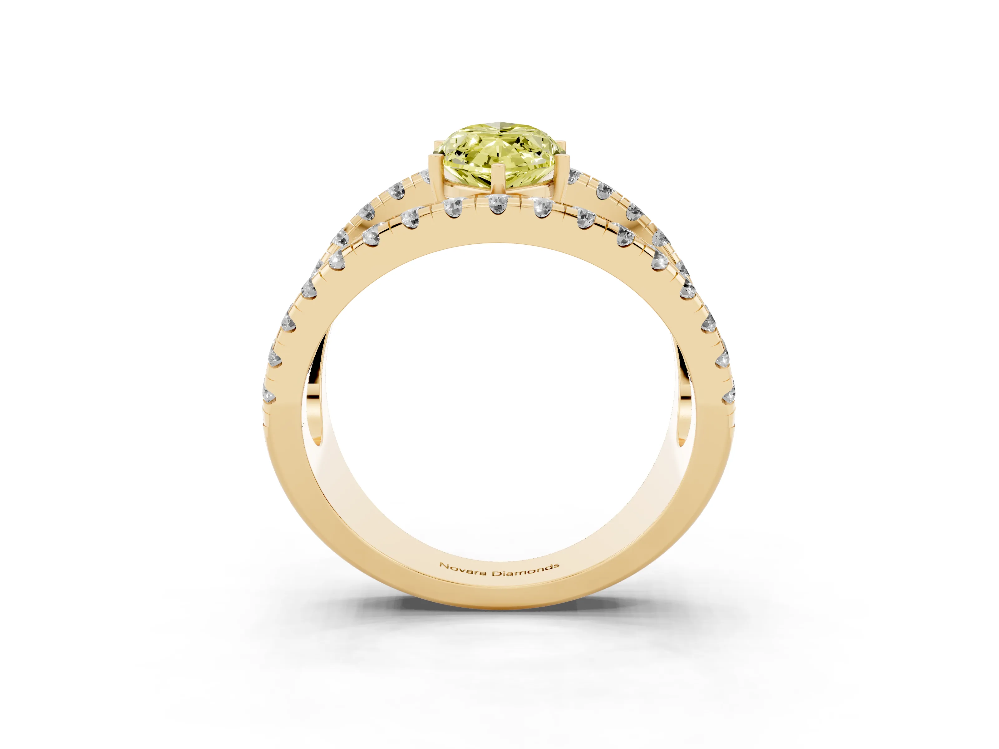 Fancy Yellow Marquise Cut Diamond Split Shank Pavé Solitaire Ring Set in Yellow gold with Open Shank Design