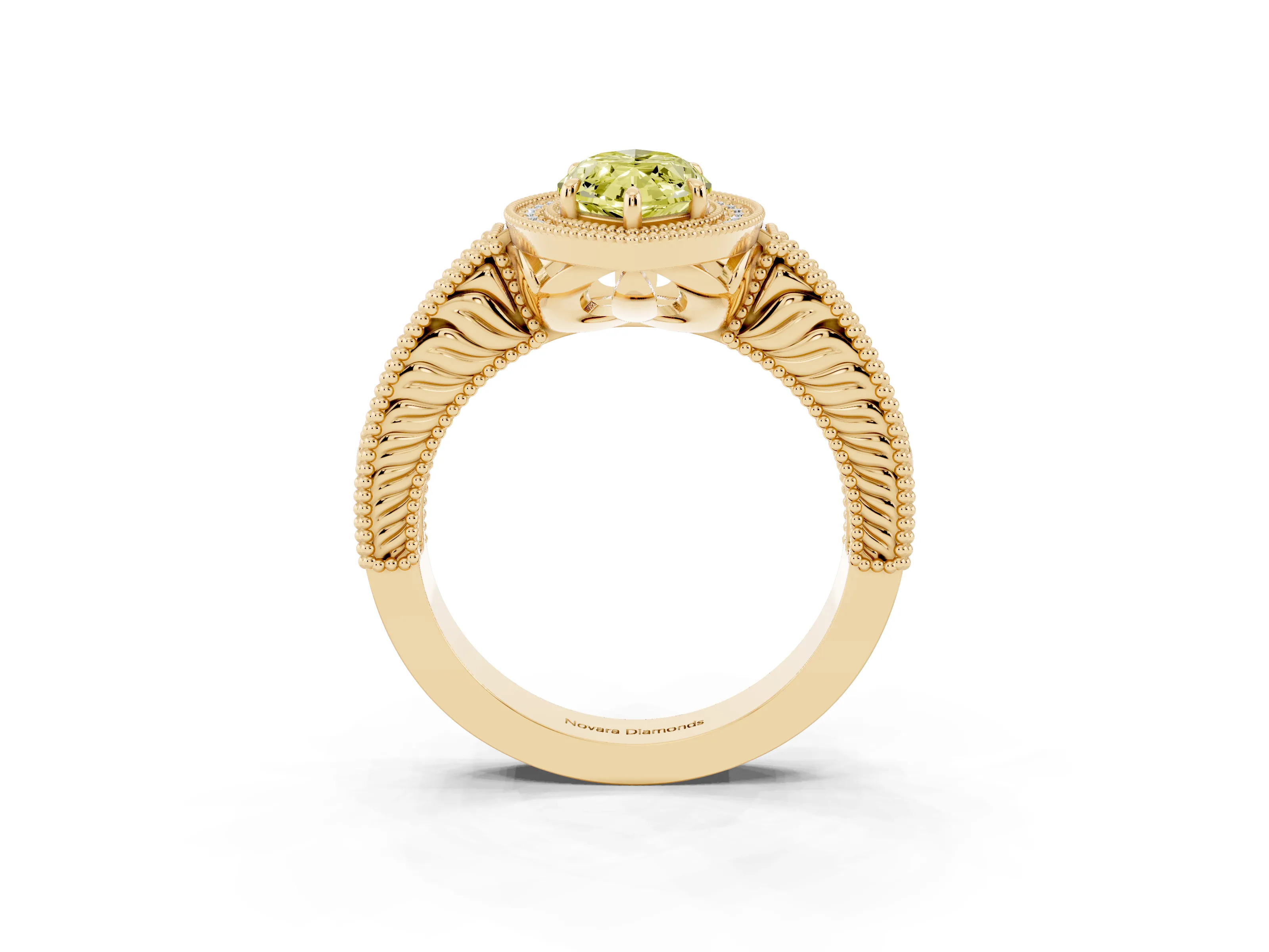 Fancy Yellow Marquise Cut Diamond Halo Ring Set in Yellow gold with Round Accent Halo, Pavé Band and Prong Setting