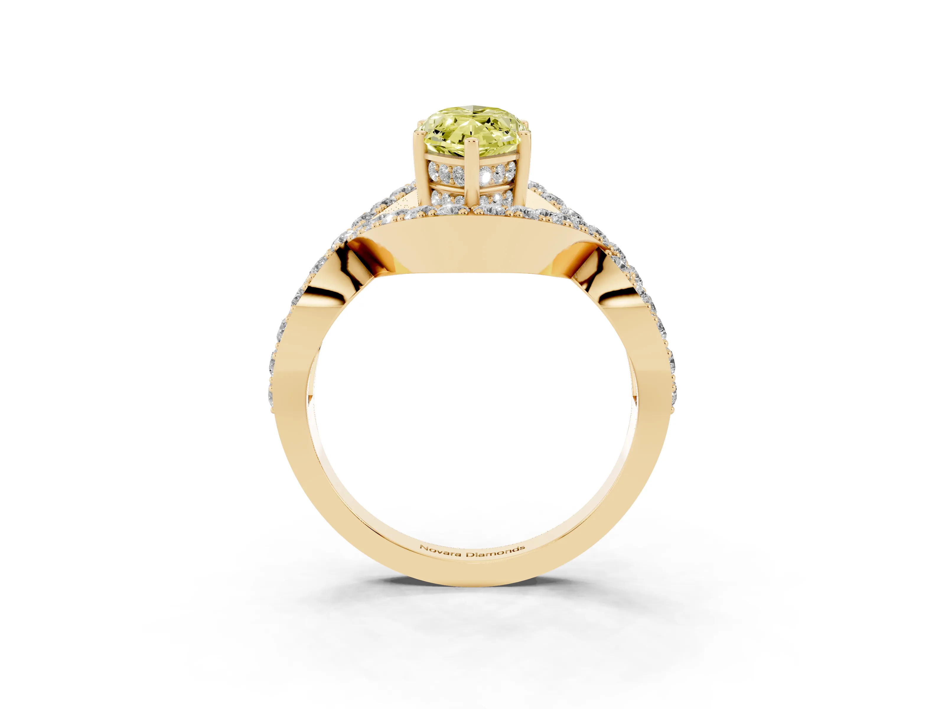 Fancy Yellow Marquise Cut Diamond Solitaire Twist Band Pavé Engagement Ring Set in Yellow gold