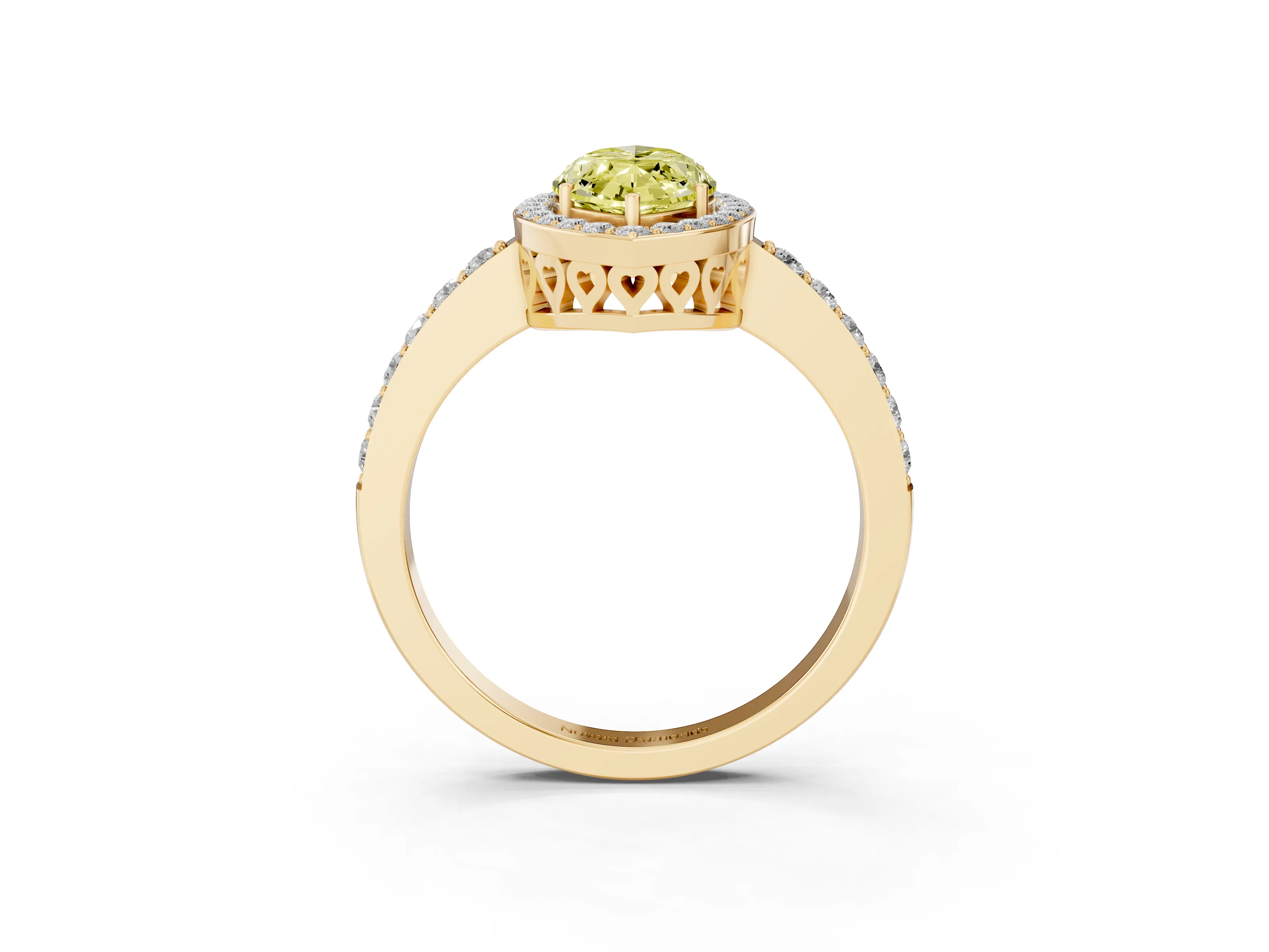 Fancy Yellow Marquise Cut Diamond Halo Ring Set in Yellow gold with Pavé-Setting Band and Open Prong Center