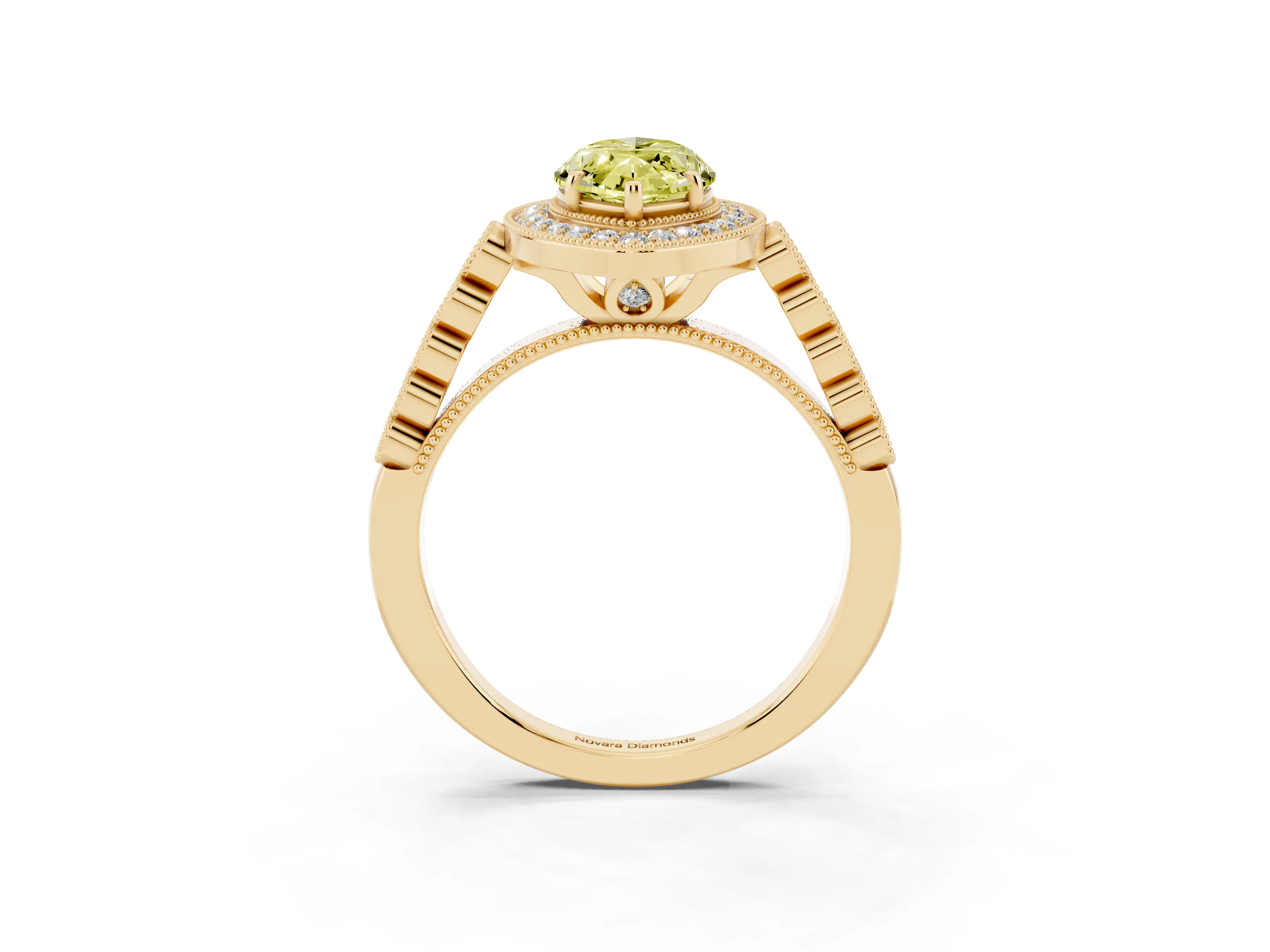 Fancy Yellow Marquise Cut Diamond Milgrain Halo Solitaire Ring Set in Yellow gold with Bezel Set Side Stones and Pavé Band