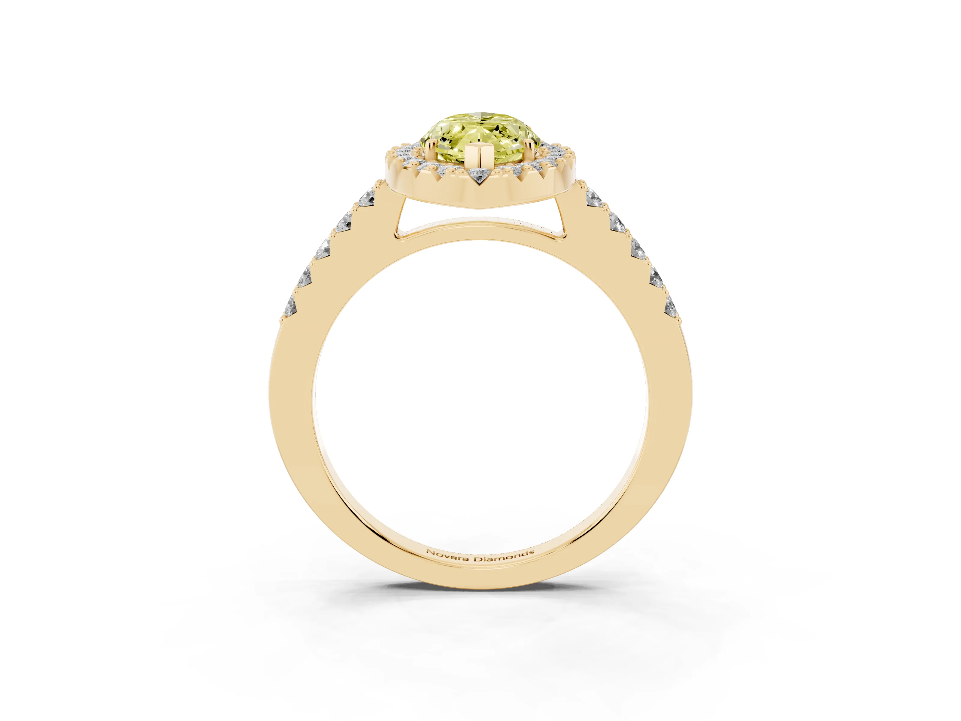Fancy Yellow Marquise Cut Diamond Halo Pavé Solitaire Ring Set in Yellow gold with Prong-Set Center Stone